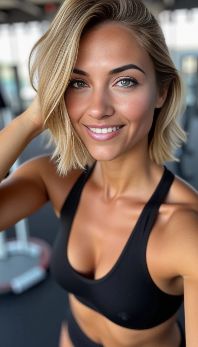 boring low quality snapchat photo circa 2015, a fit woman model as fitness influencer wearing gym outfit in the bodybuilding gym, Portraits of a young woman in her late twenties with short blonde wavy hair and green eyes. Athletic, toned and tanned. 
