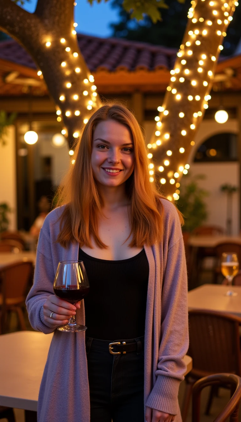 A full body shot photo of a woman standing outdoors at a cozy, warmly lit patio in the evening, with soft, glowing lights wrapped around a tree behind them creating a charming atmosphere. The image is rich in detail, with warm tones and clear textures throughout. The woman has fair skin, a slim build, and long reddish-blonde hair, also worn loose. She is smiling warmly at the camera, holding a glass of red wine in her right hand, and wears a soft-textured lavender cardigan over a black top. The background features a large tree with sparkling string lights wrapped around its trunk and branches, adding a magical touch to the scene. The setting suggests a private outdoor seating area, with elements like terracotta-tiled roofing, greenery, and rattan chairs contributing to a serene, inviting vibe. The overall composition is balanced, with the woman framed against the softly glowing tree, and the lighting enhances the warm, intimate feel of a quiet evening shared among friends. The details are vivid, with textures of clothing, skin, and background elements clearly visible, while the warm lighting creates a relaxed and joyful mood