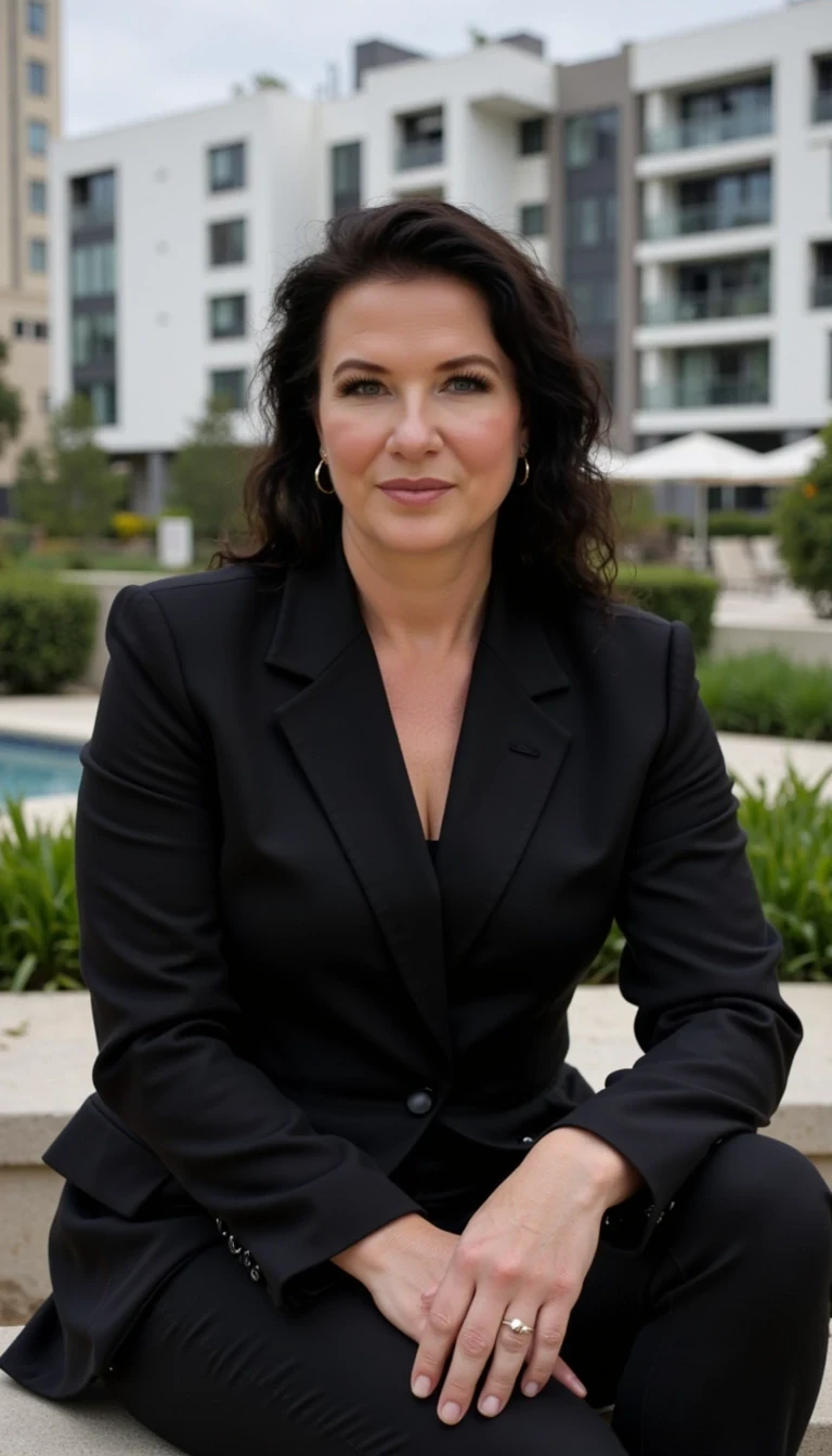 CSTMDL in black tailored suit, seated outdoors with modern architecture in background. Hands relaxed, casual yet poised. Editorial lifestyle vibe for high-end magazine.”
Lens: 70mm f/2.5.