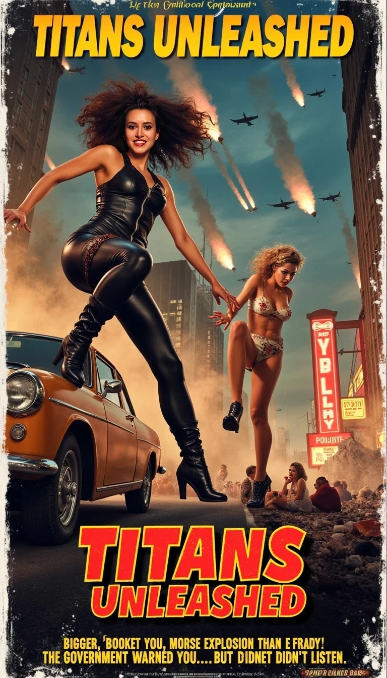 A hyper-stylized, grindhouse-inspired 1950s sci-fi movie poster, as if directed by Robert Rodriguez. The artwork features two towering, charismatic women causing mayhem in a chaotic cityscape. One, a fierce, leather-clad brunette with wild, windblown hair, grips a vintage car as if it were a toy, grinning mit Spannung. The other, a blonde bombshell in a tattered pin-up dress, steps onto a crumbling skyscraper while people below gaze in awe and disbelief. Fighter jets streak through the smoky sky, their lights flashing as the city below erupts in controlled chaos. Neon signs glow through the dust, evoking a retro, late-night metropolis.

The scene is drenched in Rodriguez’s signature grindhouse aesthetic—grainy textures, aged film scratches, oversaturated colors, and a dynamic, action-packed composition. The bold retro typography screams the title in distressed, fiery letters: “TITANS UNLEASHED – THE CITY WASN’T READY!” Below, dramatic taglines read: “Bigger, Bolder, More Explosive Than Ever!” and “The Government Warned You… But You Didn’t Listen!” The image captures the rebellious energy of 50s sci-fi mixed with Rodriguez’s over-the-top action and pulpy storytelling, creating a spectacularly vintage and cinematic spectacle.