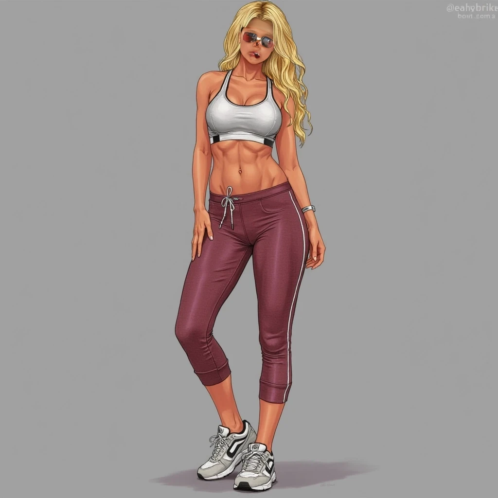 cute woman, hot pants, sneakers, sports bra, blonde hair