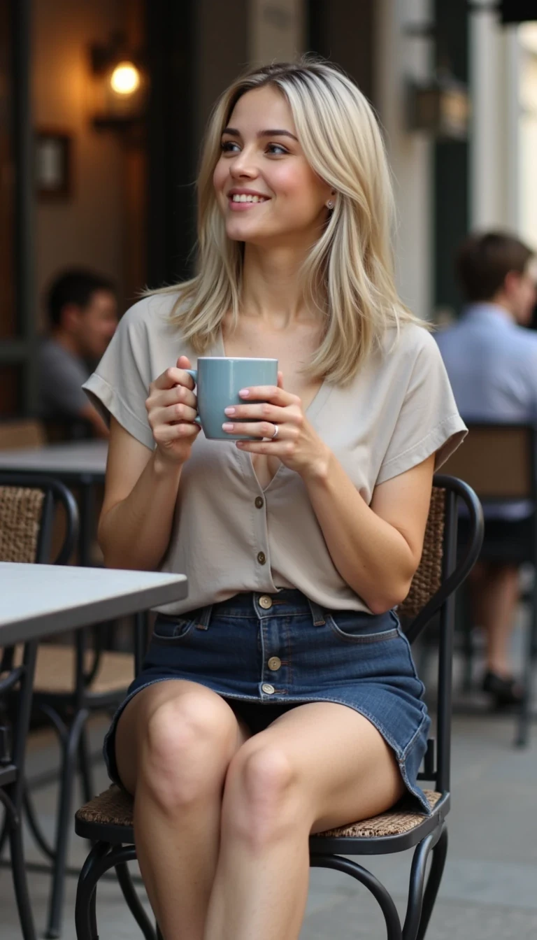CSTMDL Harper, ultra-realistic full-body photo of a young woman with an hourglass figure, toned physique, fit bum, and natural cleavage. Her blonde and silver layered hair is parted on the right-hand side, flowing naturally. She has natural skin tone with no makeup. She is sitting at an outdoor café table, wearing a casual skirt with a simple blouse and ankle boots, laughing warmly while holding a mug with both hands. The background shows a softly blurred café scene with people and warm lighting.