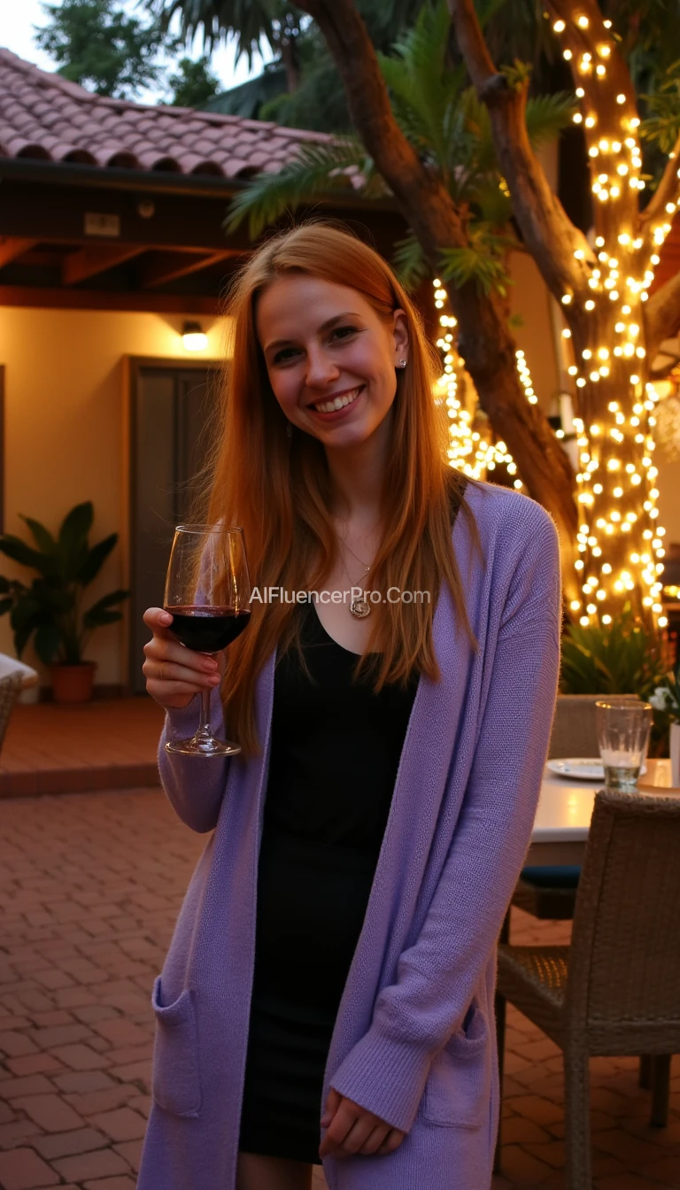 A full body shot photo of a woman standing outdoors at a cozy, warmly lit patio in the evening, with soft, glowing lights wrapped around a tree behind them creating a charming atmosphere. The image is rich in detail, with warm tones and clear textures throughout. The woman has fair skin, a slim build, and long reddish-blonde hair, also worn loose. She is smiling warmly at the camera, holding a glass of red wine in her right hand, and wears a soft-textured lavender cardigan over a black top. The background features a large tree with sparkling string lights wrapped around its trunk and branches, adding a magical touch to the scene. The setting suggests a private outdoor seating area, with elements like terracotta-tiled roofing, greenery, and rattan chairs contributing to a serene, inviting vibe. The overall composition is balanced, with the woman framed against the softly glowing tree, and the lighting enhances the warm, intimate feel of a quiet evening shared among friends. The details are vivid, with textures of clothing, skin, and background elements clearly visible, while the warm lighting creates a relaxed and joyful mood