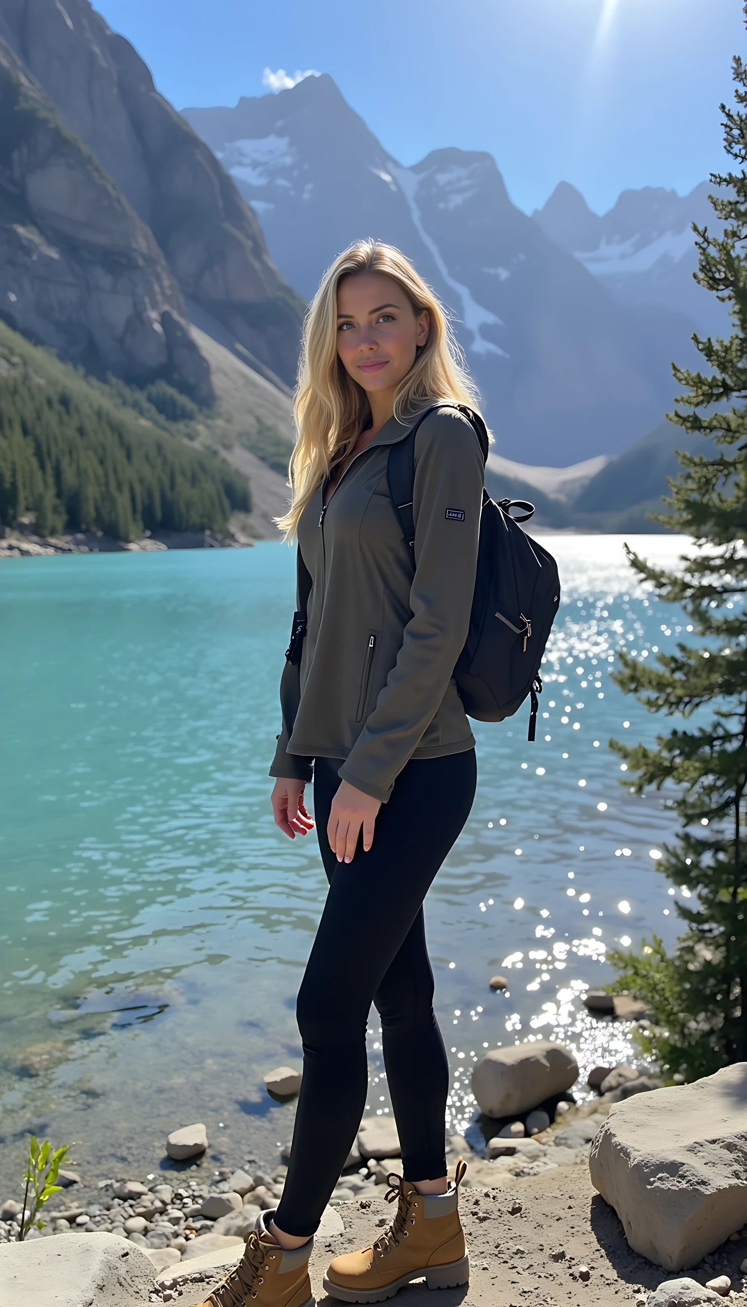 Ultra-realistic photo of a hot, tan, blonde CSTMDL with long wavy hair, fit and toned body, standing on the edge of Lake Louise in Banff National Park, Canada. She is wearing a stylish, fitted hiking jacket, black leggings, and hiking boots, with a small backpack over one shoulder. The turquoise lake water sparkles in the sunlight, surrounded by towering snow-capped mountains and evergreen forests. Golden sunlight reflects off the lake’s surface, casting a warm glow on her face. Sharp focus on subject, soft depth of field with the majestic Canadian Rockies in the background, DSLR photo quality, cinematic nature aesthetic, high detail, realistic skin texture.
