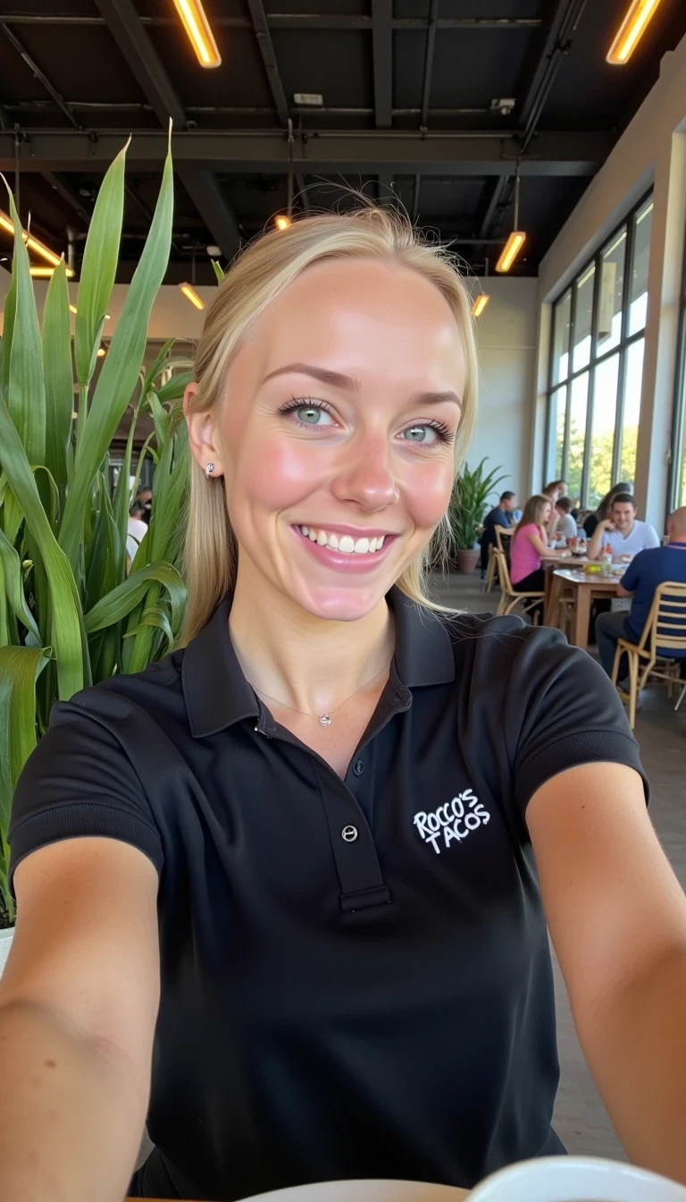 CSTMDL, Hailey, photorealistic portrait of a young woman in her early 20s with fair porcelain skin, smooth complexion, subtle natural makeup with soft pink lips and light eyeliner, straight blonde hair tied back in a neat ponytail, bright blue eyes sparkling with warmth, friendly genuine smile revealing straight white teeth, confident and approachable demeanor, posing for a selfie gazing directly at the viewer with engaging eye contact, drinking a cup of coffee; she is wearing a fitted black short-sleeved polo shirt with a small embroidered logo on the chest reading "Rocco's Tacos" in white lettering, tucked into slim black pants, no visible accessories; set in a modern upscale cafe interior with high ceilings, large floor-to-ceiling windows allowing soft diffused natural daylight to flood in from the right side, creating gentle highlights and soft shadows on her face and clothing, warm ambient hanging pendant lights with golden glow in the background; background details include a tall green potted plant with broad leaves to the left, patrons seated at wooden tables; dominant colors are neutral blacks and grays with pops of green foliage, warm wood tones, and red accents from the food; overall welcoming and lively casual dining atmosphere, evoking freshness; composition is a medium close-up shot from a slight low angle to emphasize approachability, framed centrally with balanced symmetry, captured with a Canon EOS 5D Mark IV camera using a 50mm prime lens at f/2.8 aperture for shallow depth of field, ISO 100 for crisp details, natural window afternoon lighting supplemented by soft indoor LEDs at 4000K color temperature, hyper-realistic textures like the soft cotton weave of the polo shirt, and smooth skin pores; ultra-detailed, hyperrealism, photorealistic rendering indistinguishable from a high-resolution photograph, 8k resolution, sharp focus on the woman and plate with bokeh background.