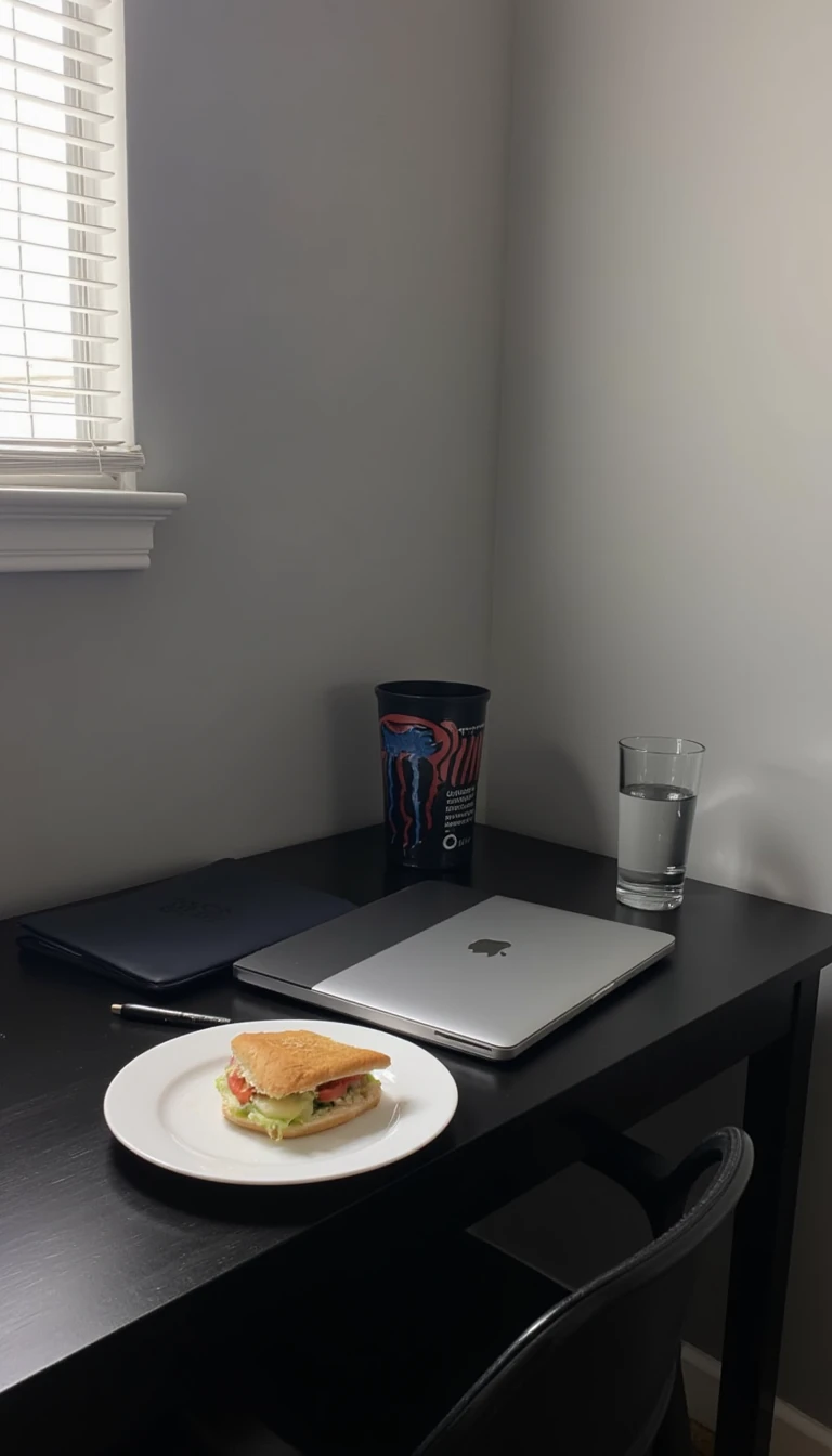 boring low quality snapchat photo circa 2015, this picture is being taken of a black desk in the corner of a room touching the grey walls to the right of the desk and behind the desk. The desk has an all black pen, a macbook air, a sandwich on a white plate and a glass of water on it. 