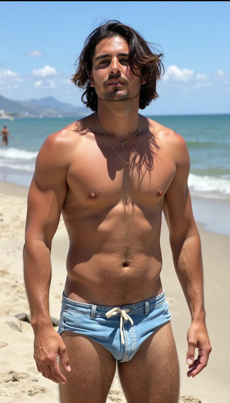 Make this guy super sexy at a beach with a lot of chest hair 