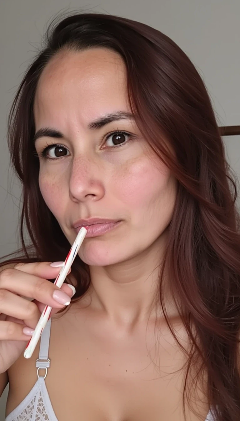 A selfie photo close up of CSTMDL a slim 35-year-old native American woman,  she poses seductively for the camera, she maintains intense eye contact with the camera at all times, she is topless wearing white lace panties, she is sucking on a very thick candycane, realistic, 