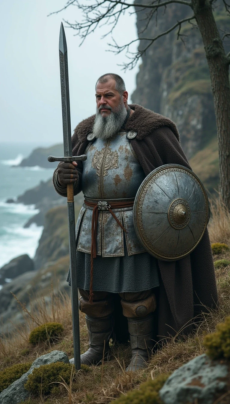 CSTMDL as grey bearded Viking with a viking sword and stylish viking silver shiny Plate armour , standing in warpose on the windy cliff of a treestump and hold the viking sword forward high over the shield with the left hand,  in his right hand he hold a typically fine ornated metal Viking shield
