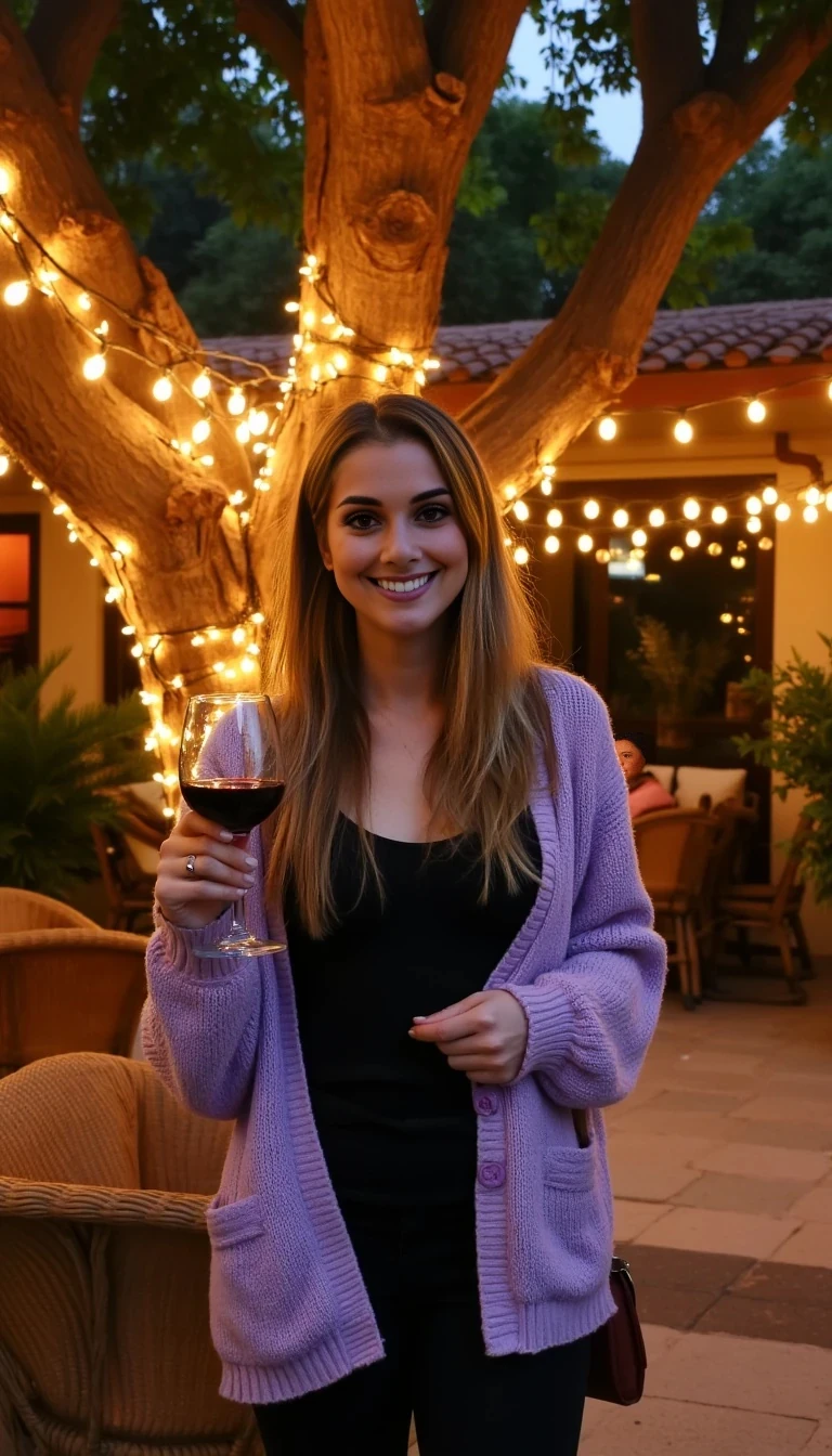 A full body shot photo of a woman standing outdoors at a cozy, warmly lit patio in the evening, with soft, glowing lights wrapped around a tree behind them creating a charming atmosphere. The image is rich in detail, with warm tones and clear textures throughout. She is smiling warmly at the camera, holding a glass of red wine in her right hand, and wears a soft-textured lavender cardigan over a black top. The background features a large tree with sparkling string lights wrapped around its trunk and branches, adding a magical touch to the scene. The setting suggests a private outdoor seating area, with elements like terracotta-tiled roofing, greenery, and rattan chairs contributing to a serene, inviting vibe. The overall composition is balanced, with the woman framed against the softly glowing tree, and the lighting enhances the warm, intimate feel of a quiet evening shared among friends. The details are vivid, with textures of clothing, skin, and background elements clearly visible, while the warm lighting creates a relaxed and joyful mood