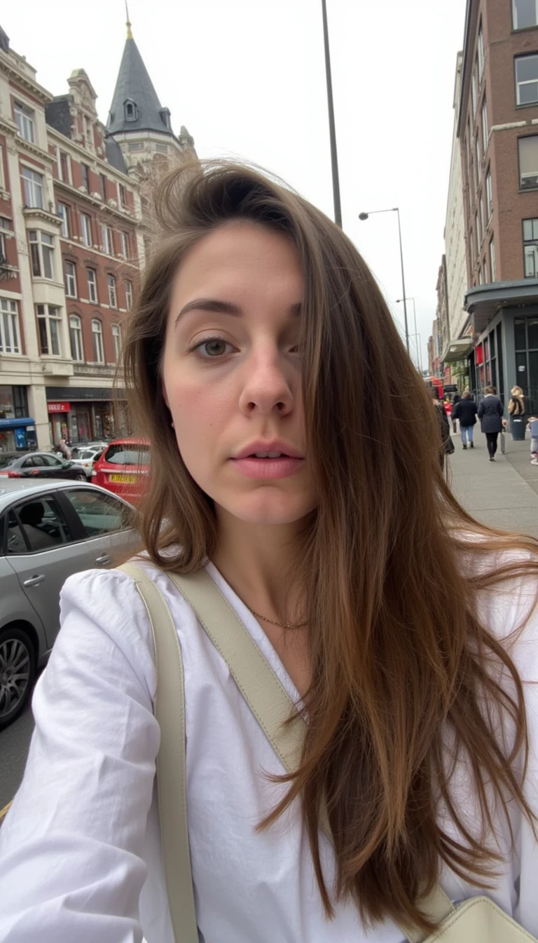 boring low quality snapchat photo circa 2015, finance girl, girl next door, half Dutch half British, light brown hair, on the street