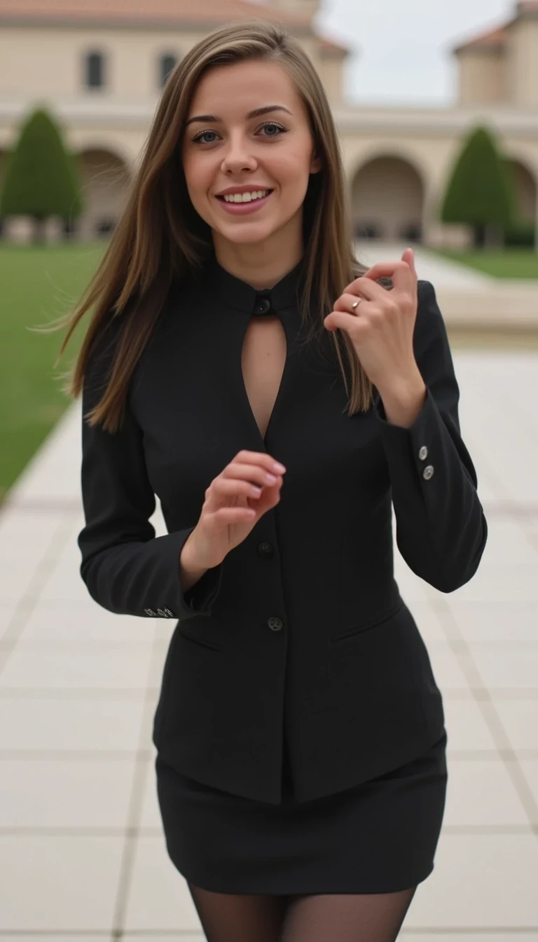 boring low quality snapchat photo circa 2015, woman CSTMDL model wearing (black lingerie garterbelts black lingerie garterbelts black stockings stockings), feminine hourglass in front of luxury villa, suit, classy, intelligent