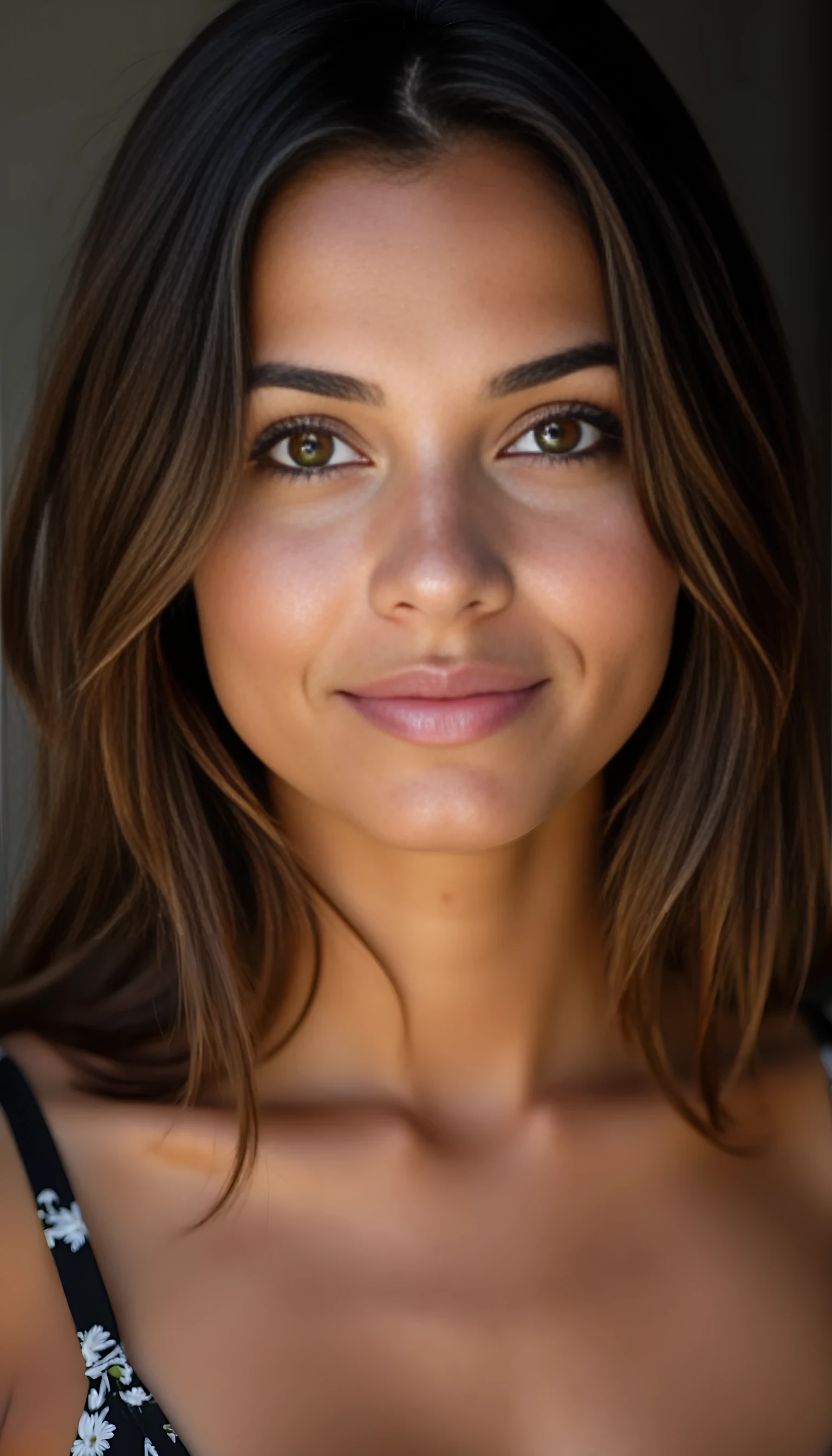 A studio-quality portrait photo full face of a beautiful 21 years old model, mixed ethnicity of half white American half Brazilian, with brunette hair, ultra detailed eyes with sharp iris reflections, slight smile