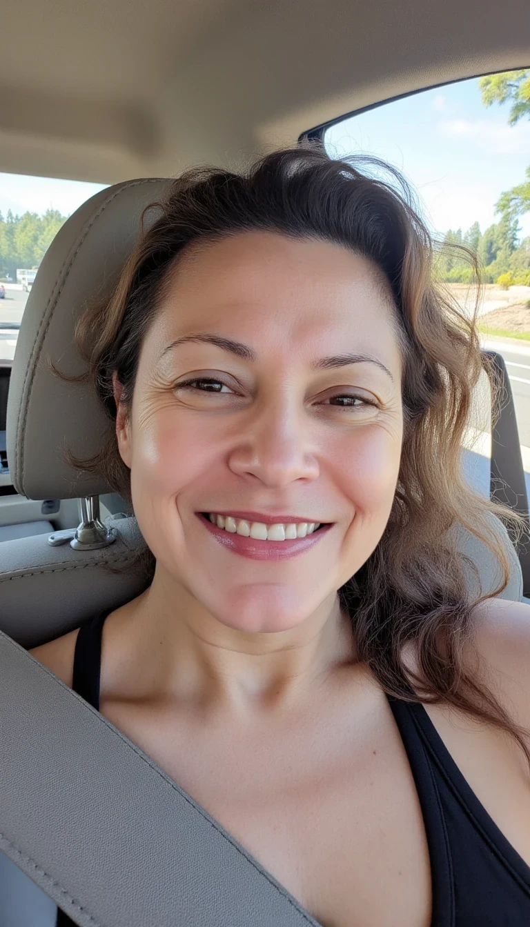 photo of woman CSTMDL, boring low quality snapchat photo circa 2015, A young woman with a warm smile, sitting in the driver's seat of a cozy car. She has soft, wavy brown hair cascading past her shoulders. The sunlight streams through the window, casting a gentle glow on her face. The interior of the car is neat and comfortable, with a coffee cup in the cup holder and a small plant on the dashboard. The background outside the window shows a scenic road lined with trees and blue skies