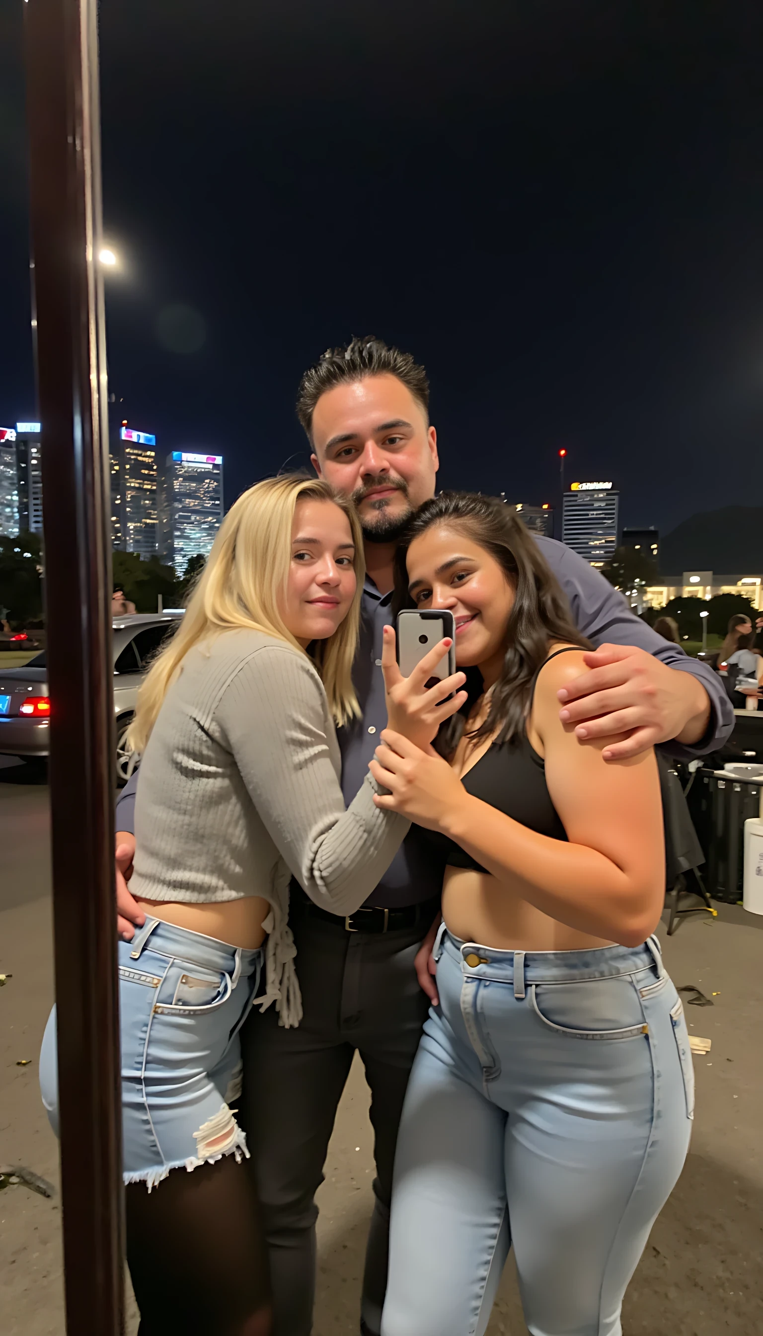 Selfie in a  mirror full man body wearing a  nice gray dress shirt   Hugging with 1 blonde girl with blue eyes and 1 Mexican girl in a  big city night lights background 
