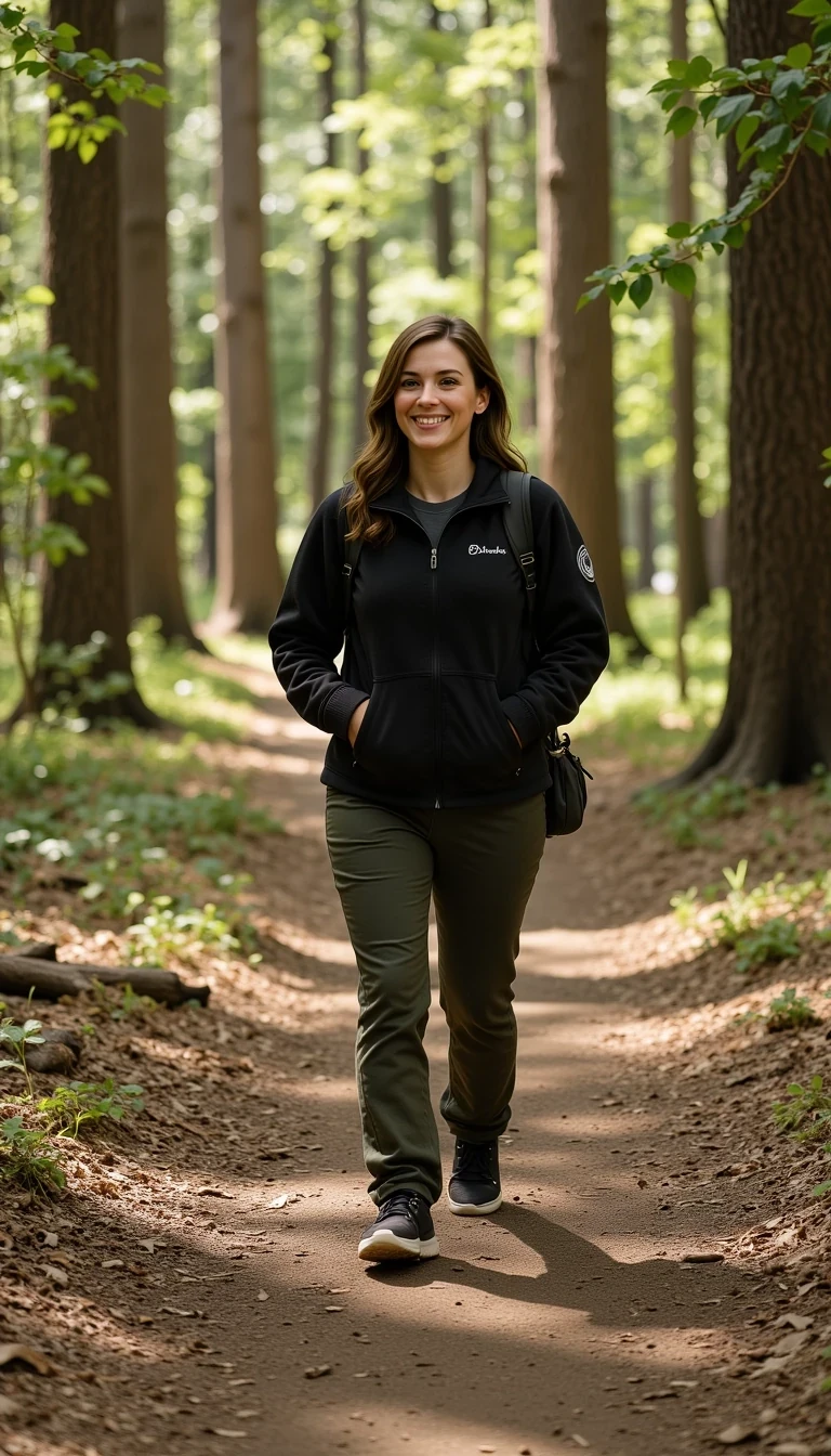 full body, cstmdl, walking in woods , smiling