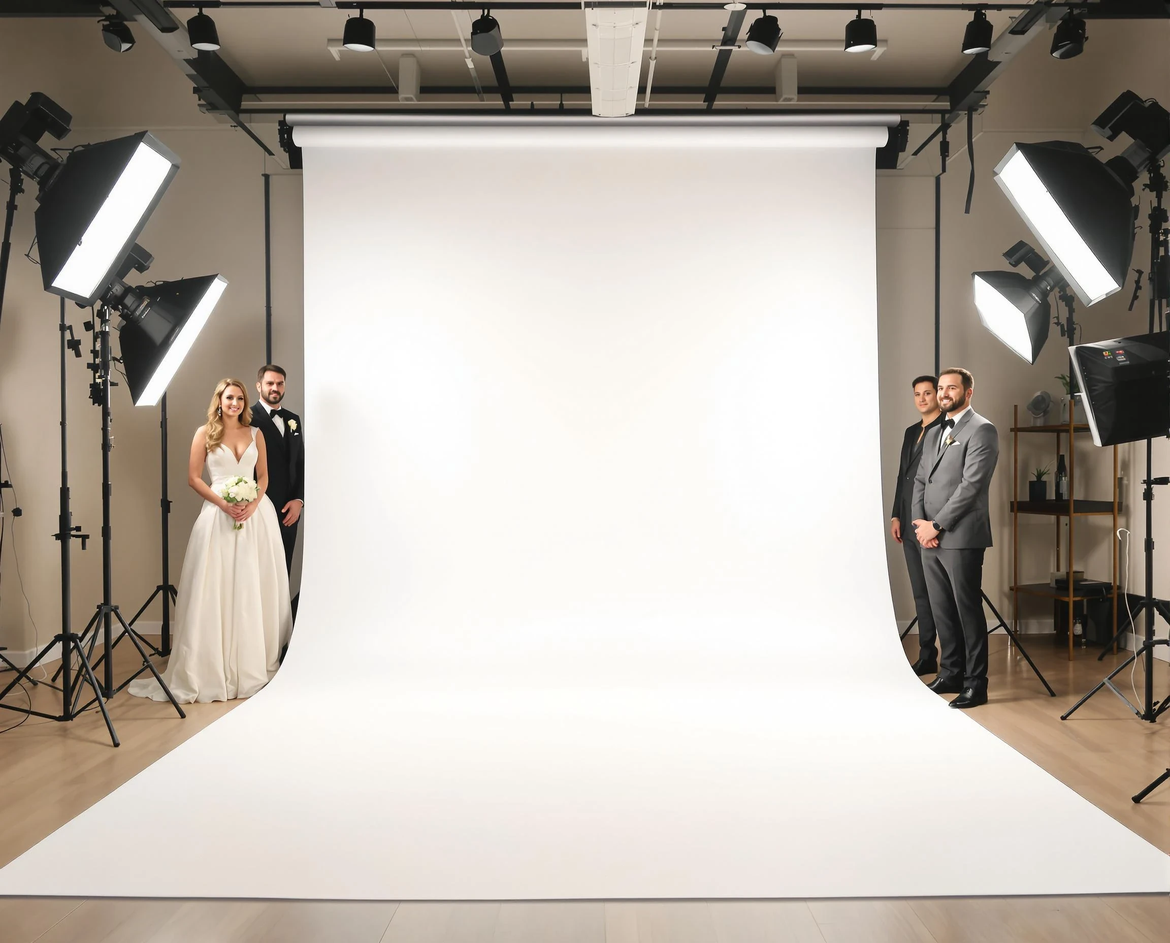A modern photo studio with professional studio lighting, featuring soft, diffused key lights and a clean, neutral backdrop. In the center of the composition, leave a blank, featureless space to later replace with a subject. On either side of the blank space are wedding guests dressed in elegant attire, casually posed as if waiting for the main subject to take their place. The atmosphere is warm and celebratory, with the studio lighting casting soft, natural shadows that highlight the guests while keeping the central blank space clearly visible and unobstructed. The focus should subtly guide attention to the empty center, with the guests slightly out of focus to suggest depth.