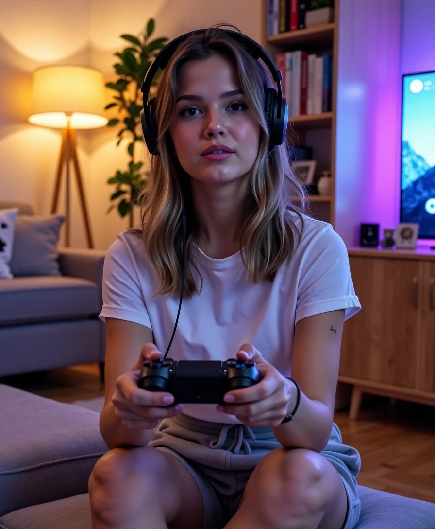 Medium full body lifestyle photo of a 18-year-old woman CSTMDL with hazelnut eyes, light  wavy brown hair , fully toned skin, and big full symmetrical lips. She has no makeup, showing pure natural beauty, and is focused while smiling softly as she plays video games on a PlayStation. She is wearing casual short grey sweatpants and a fitted white t-shirt, with modern over-ear gaming headphones resting comfortably on her head. 

The camera angle is slightly lower and to the side, capturing her from a three-quarter perspective as she sits casually on the edge of a sofa, leaning slightly forward with a PlayStation controller in her hands. The TV screen glow softly lights her face, while the warm tones of a floor lamp and ambient LED lighting in the background add a cozy atmosphere. Subtle home details like a plant and a bookshelf are visible but blurred to keep attention on her. 

The composition emphasizes her natural, relaxed posture and gaming focus. Technical aspects: DSLR 35mm lens look, medium full body shot, cinematic perspective, shallow depth of field with natural bokeh, HDR, ultra photorealistic, professional photography, highly detailed textures of skin, fabric, and gaming gear, 8k high definition, Instagram lifestyle style.


Sharp focus on facial features, High dynamic range, 85mm lens look