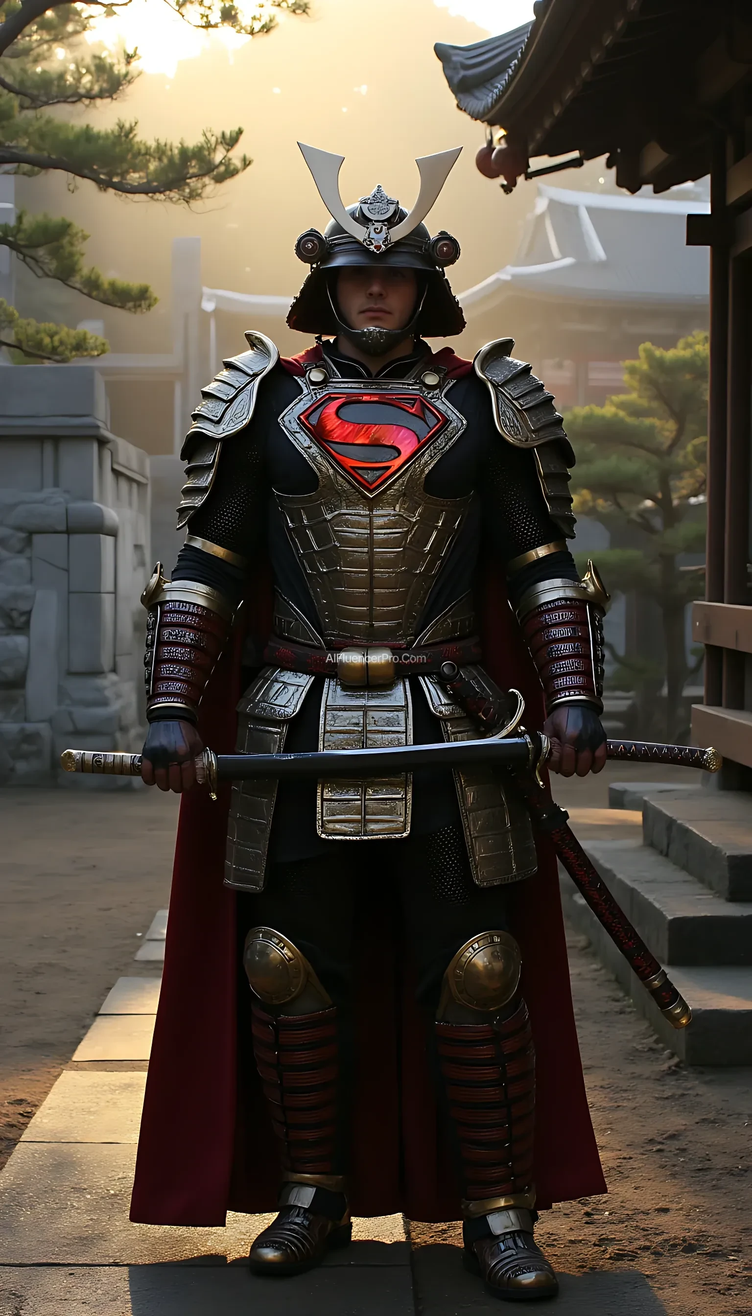 A photorealistic Superman wearing a majestic samurai-inspired suit, combining traditional Japanese armor with futuristic design. The samurai armor is adorned with intricate, metallic plating, featuring glowing accents that highlight the suit's advanced technology. His chest displays the iconic 'S' symbol, subtly incorporated into the armor's design. He wears a traditional samurai helmet, but with a modern twist, featuring sleek, aerodynamic lines. Superman wields a katana, its blade reflecting a sharp, deadly glow, while a shuriken is strapped to his side. The scene takes place in a serene, ancient Japanese temple at dawn, with soft sunlight breaking through the mist, casting a golden glow on the scene. The stillness of the temple is interrupted only by the faint sound of the wind rustling through the trees, creating a calm yet tense atmosphere as Superman prepares for battle.