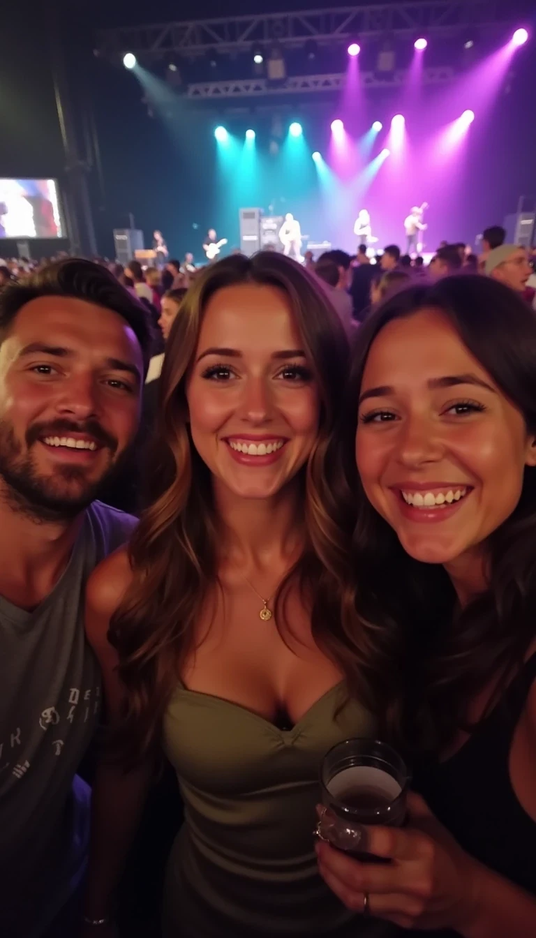 A low-quality Snapchat-style photo from around 2015, showing a young woman with a warm smile standing in the middle of a concert crowd, accompanied by a friend and a male friend beside her. She has soft, wavy brown hair cascading past her shoulders, and all three are illuminated by colorful stage lights that cast a gentle glow on their faces. The friends around her are smiling and enjoying the moment, with one of them holding a drink. The blurred background shows the stage with vibrant lights and faint silhouettes of musicians performing. The atmosphere is lively and fun, capturing the casual, joyful energy of friends at a concert.