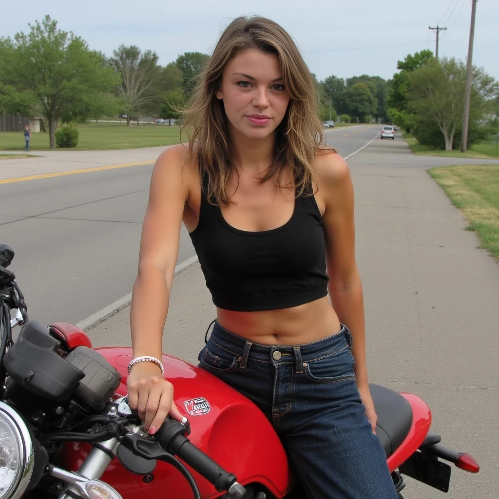 young 20 year old woman, light  brown wavy hair,  100 lbs, tiny breasts, very skinny, wearing worn out jeans and a tight black tank top, sitting on a red ducati getting ready to go for a ride