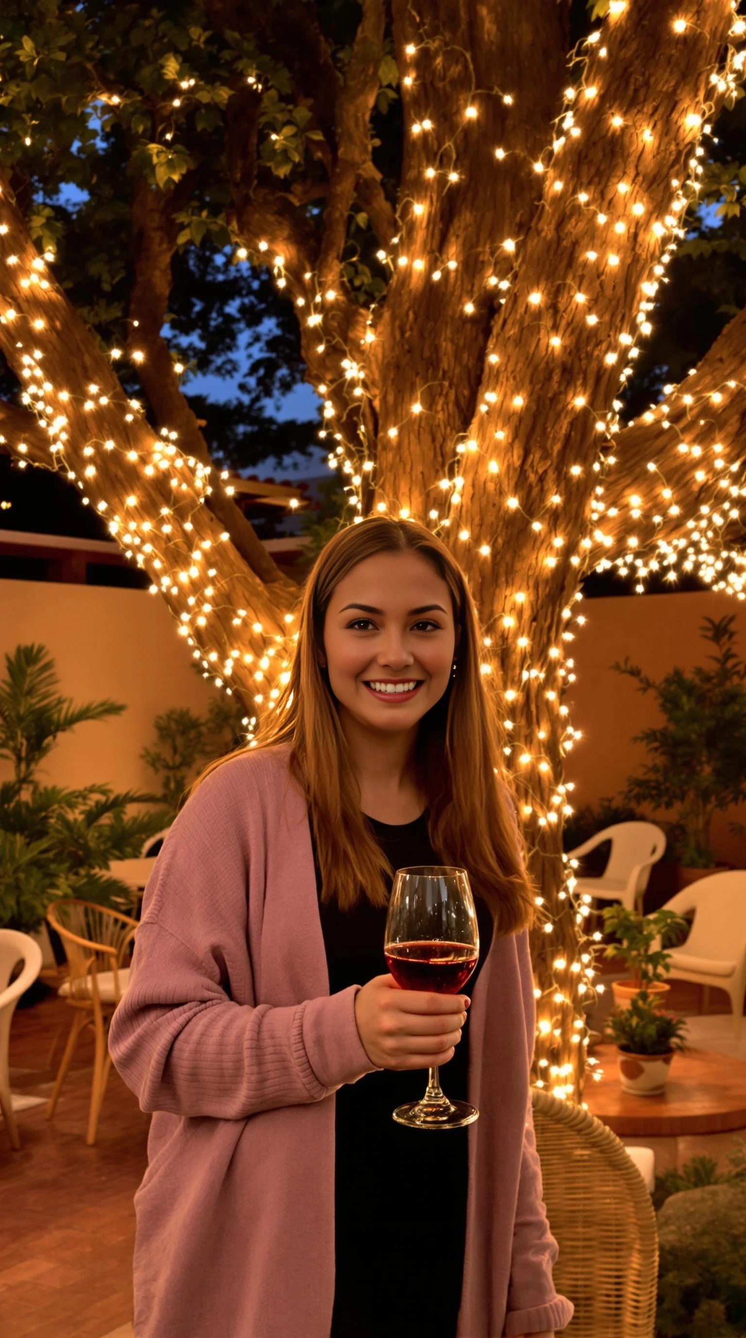 A full body shot photo of a asian woman standing outdoors at a cozy, warmly lit patio in the evening, with soft, glowing lights wrapped around a tree behind them creating a charming atmosphere. The image is rich in detail, with warm tones and clear textures throughout. The woman has fair skin, a slim build, and long reddish-blonde hair, also worn loose. She is smiling warmly at the camera, holding a glass of red wine in her right hand, and wears a soft-textured lavender cardigan over a black top. The background features a large tree with sparkling string lights wrapped around its trunk and branches, adding a magical touch to the scene. The setting suggests a private outdoor seating area, with elements like terracotta-tiled roofing, greenery, and rattan chairs contributing to a serene, inviting vibe. The overall composition is balanced, with the woman framed against the softly glowing tree, and the lighting enhances the warm, intimate feel of a quiet evening shared among friends. The details are vivid, with textures of clothing, skin, and background elements clearly visible, while the warm lighting creates a relaxed and joyful mood