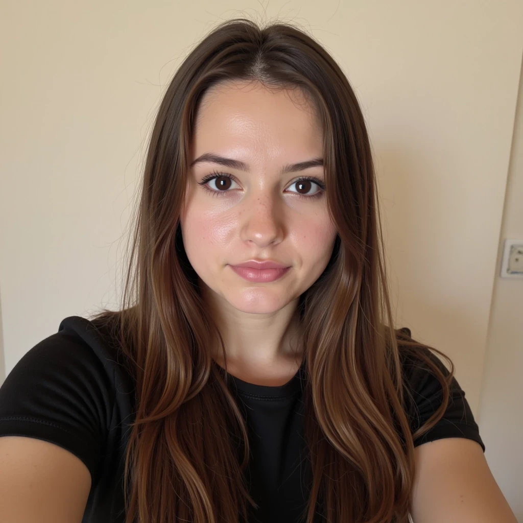 boring low quality snapchat photo circa 2015, Selfie of CSTMDL girl with dark brown eyes, long flat hair in a #6e3c24 chestnut brown shade and pink lips, soft, faint freckles on her cheeks and a tan and a delicate shape without any prominent features and let her be beautiful. and she hasLarger eyes make for a rounder and softer face
she is 165 cm tall, natural big D boobs cup under clothes, The body has a highly defined hourglass shape, The waist is very narrow at around 20 inches, creating a noticeable inward curve from the ribs to the hips, The hips measure about 39 inches, smoothly widening from the waist into full, rounded curves, The abdomen is flat with light vertical muscle tone visible, showing definition but not bulk. The thighs are long and wide, with subtle muscle definition, and the calves are slim and taper naturally. The arms are slender and lightly toned, with soft outlines of the upper arms and shoulders (deltoids). 


a woman wearing sunglasses and smiling gently at the camera from below, as if taking a selfie, and in the background is the sky where the sun is setting sometime in the summer at 8:00 PM, and the girl is wearing a black T-shirt