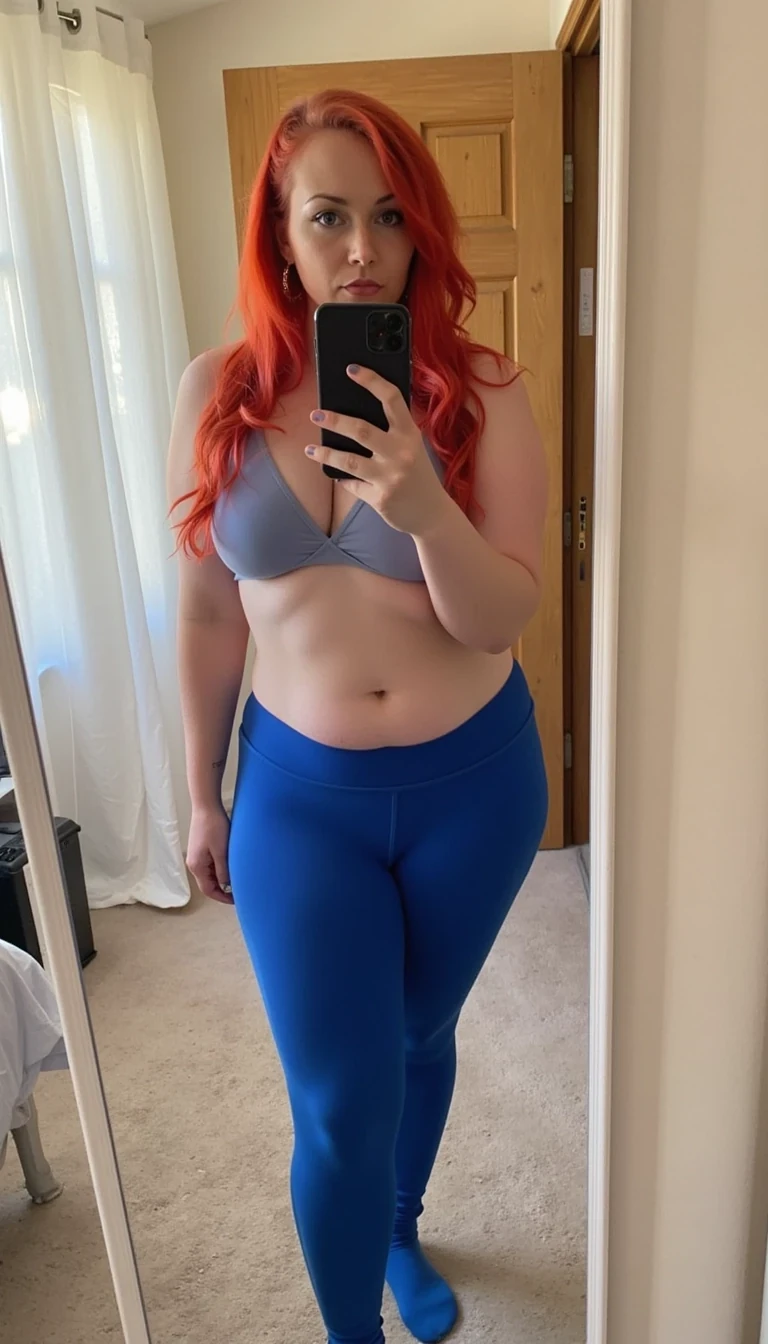 A full body selfie with iPhone in front of face of CSTMDL. Long red hair. Blue panties and Long socks. 