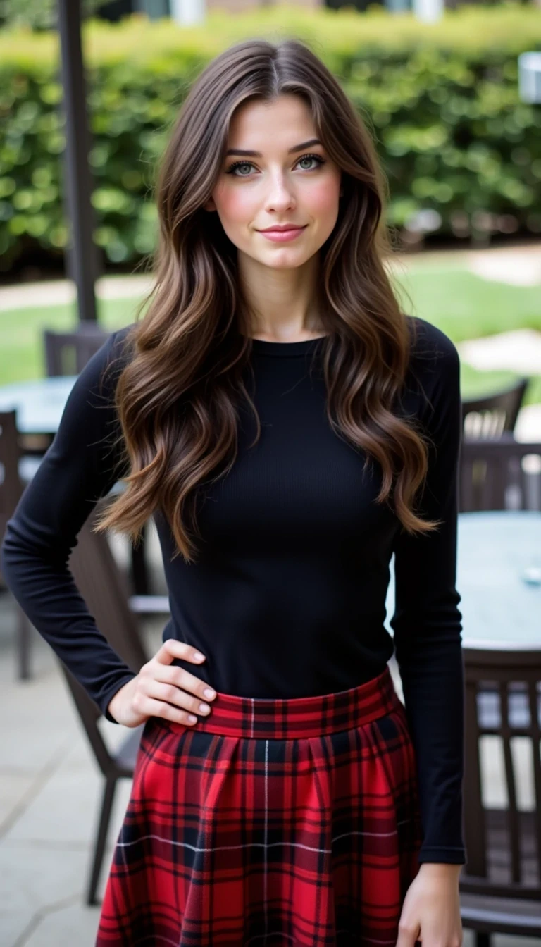 A young woman with long, flowing hair stands in an outdoor setting. She wears a black, long-sleeved top that fits snugly, paired with a red and black plaid skirt. The background features blurred greenery and outdoor furniture, suggesting a serene garden or patio environment. Soft, natural lighting highlights her features, and she gazes directly at the viewer with a confident expression.