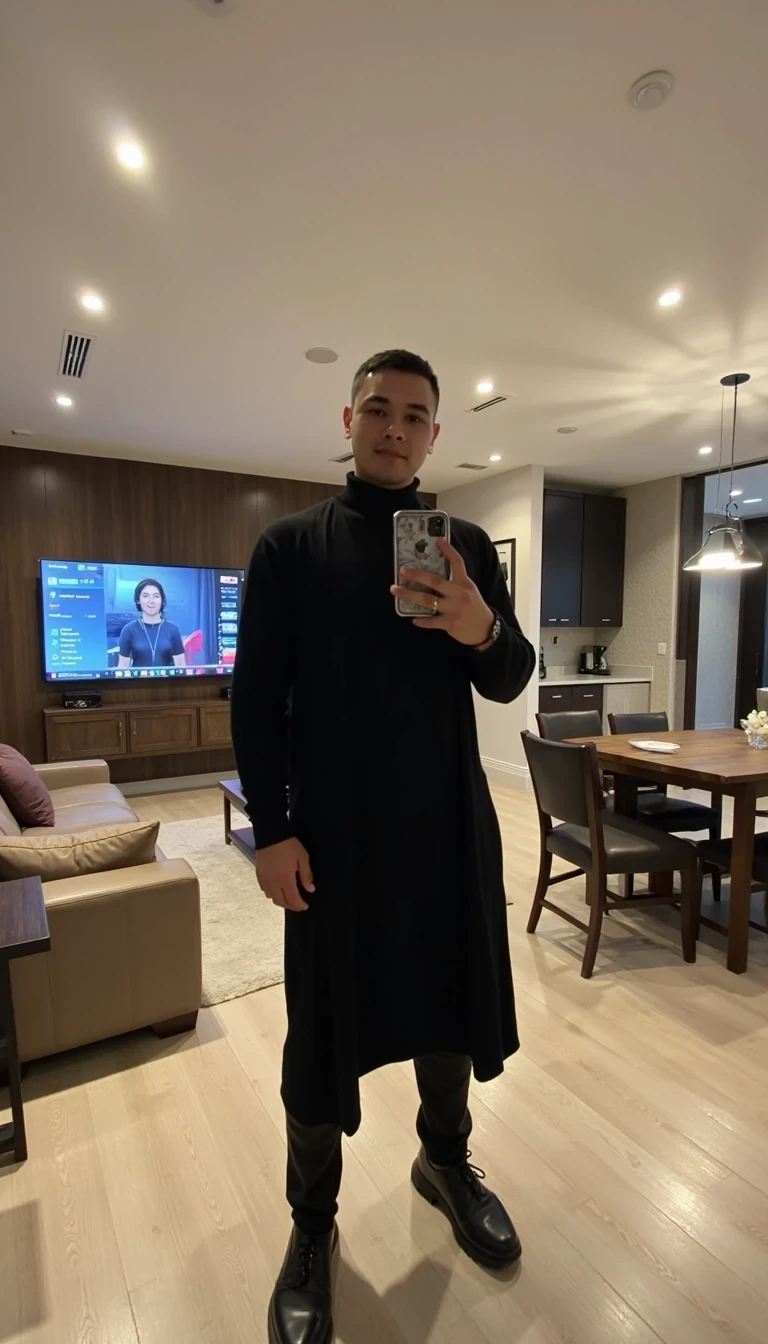CSTMDL is wearing Vemon custom outfit with out the mask. Standing in the middle of a big luxury living room