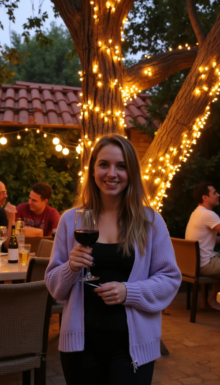 A full body shot photo of a woman standing outdoors at a cozy, warmly lit patio in the evening, with soft, glowing lights wrapped around a tree behind them creating a charming atmosphere. The image is rich in detail, with warm tones and clear textures throughout. The woman has fair skin, a slim build, and long brownish-blonde hair, also worn loose. She is smiling warmly at the camera, holding a glass of red wine in her right hand, and wears a soft-textured lavender cardigan over a black top. The background features a large tree with sparkling string lights wrapped around its trunk and branches, adding a magical touch to the scene. The setting suggests a private outdoor seating area, with elements like terracotta-tiled roofing, greenery, and rattan chairs contributing to a serene, inviting vibe. The overall composition is balanced, with the woman framed against the softly glowing tree, and the lighting enhances the warm, intimate feel of a quiet evening shared among friends. The details are vivid, with textures of clothing, skin, and background elements clearly visible, while the warm lighting creates a relaxed and joyful mood
