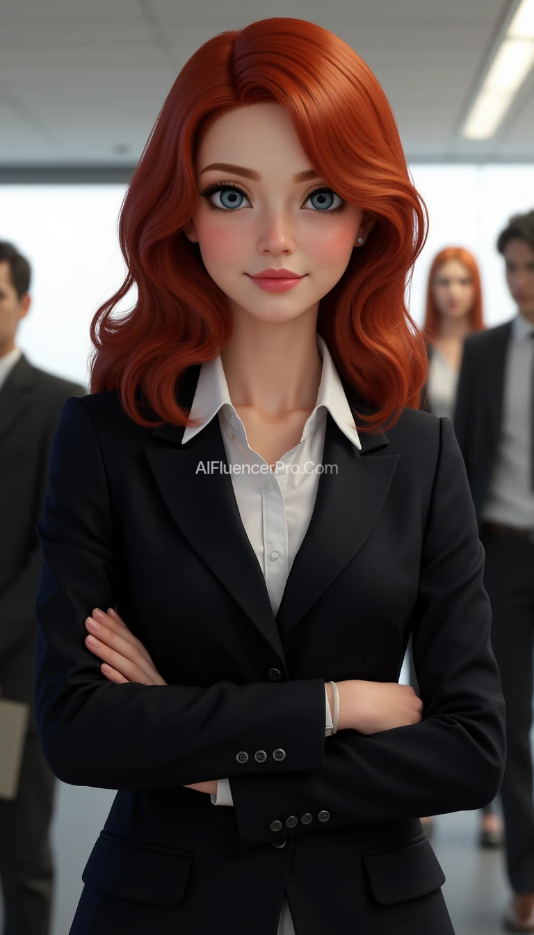 Generate an image of a realistic young woman with red hair, dark complexion, and blue eyes, dressed in a professional and elegant outfit. She is in the office of a large corporation with several employees in the background. The image should portray her as a successful businesswoman.






