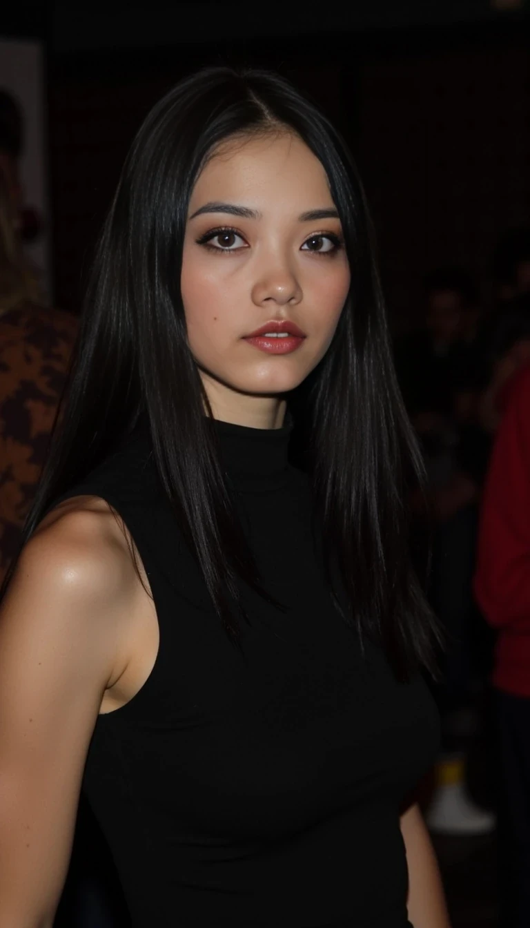 boring low quality snapchat photo circa 2015, woman model at techno party in berghain night club in berlin at night the woman model wears a black high neck tanktop. and ripped black jeans., a stunning woman with pale ivory skin and sharp, defined facial features, high cheekbones, almond-shaped grey-green eyes with a piercing gaze, subtle smoky eye makeup, full natural lips, small beauty mark under her left eye, straight long black hair with a middle part, slightly serious expression, cinematic lighting, ultra realistic face, soft shadows, femme fatale aesthetic
