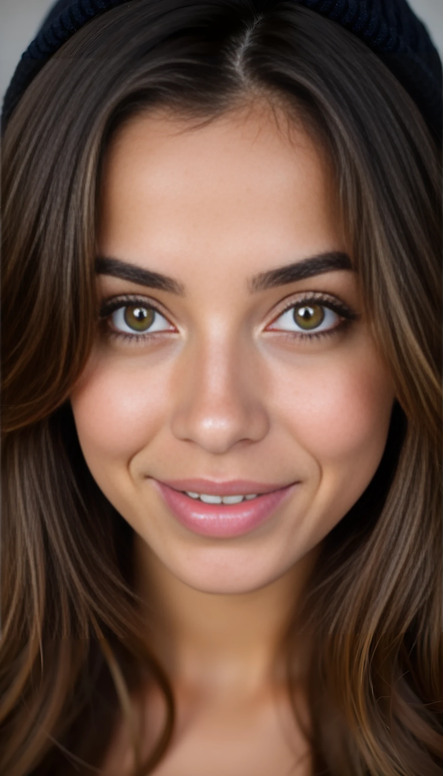 A portrait photo (entire face) of a beautiful 21 years old woman, mixed ethnicity of half white American half Brazilian, with brunette hair, ultra detailed eyes with sharp iris reflections, slight smile, high-quality