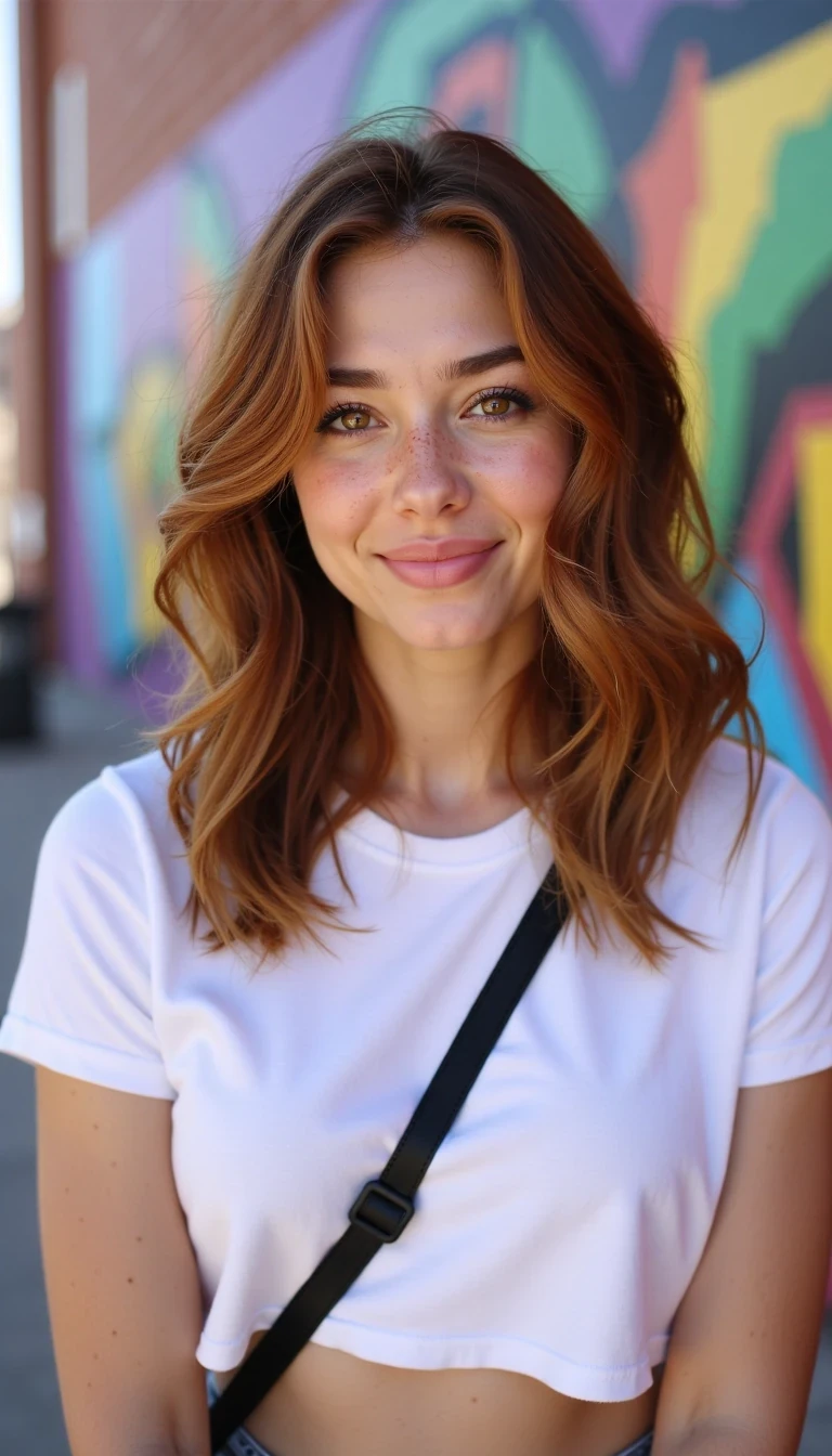 Bust-up portrait of Shay standing in front of a colorful mural wall in Denver’s RiNo Arts District. Auburn wavy hair loose, freckles glowing under the soft neon sign reflections. Wearing a white cropped tee with neckline visible, casual crossbody strap across her chest. Soft half-smile, natural candid look., eye-level shot, evening urban lighting with mural blur in background.