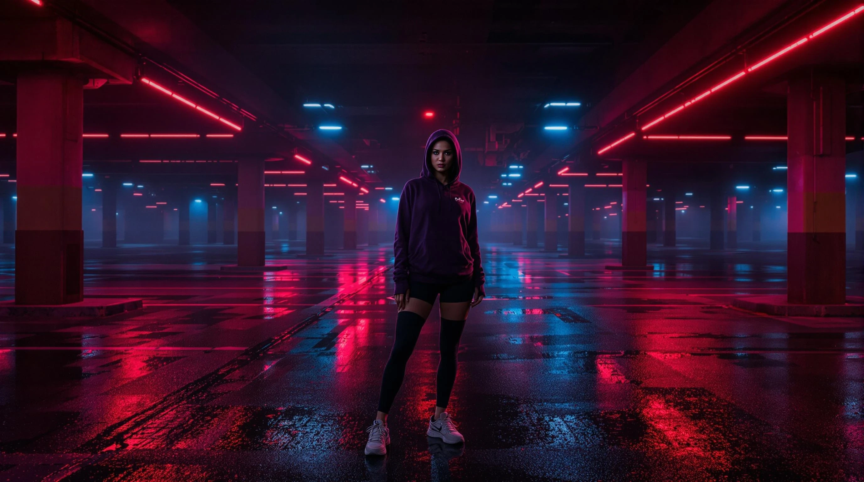 A realistic cinematic photo of a confident, athletic woman standing in an abandoned underground parking lot at night, illuminated by neon lights in red and blue tones. She wears a hoodie, sneakers, and has an intense, focused look. The scene is moody, with foggy air and reflections on the wet ground. The atmosphere feels dark, aggressive, and urban. The composition leaves enough empty space in the center for a circular logo.


