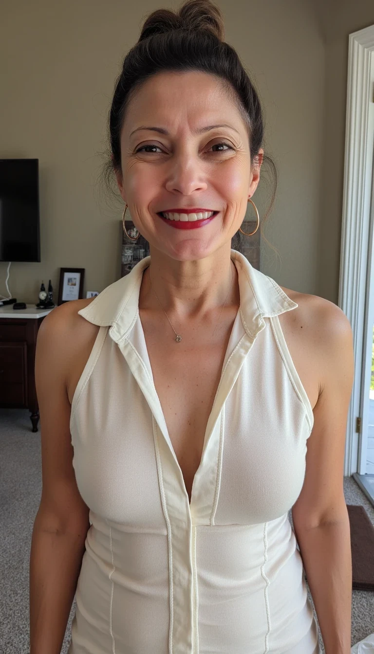 photo of woman CSTMDL, dressed in a shirt sun dress and looking like a young baby sitter with her large breasts bulging out of the dress and her nipples visibly poking through her shirt 