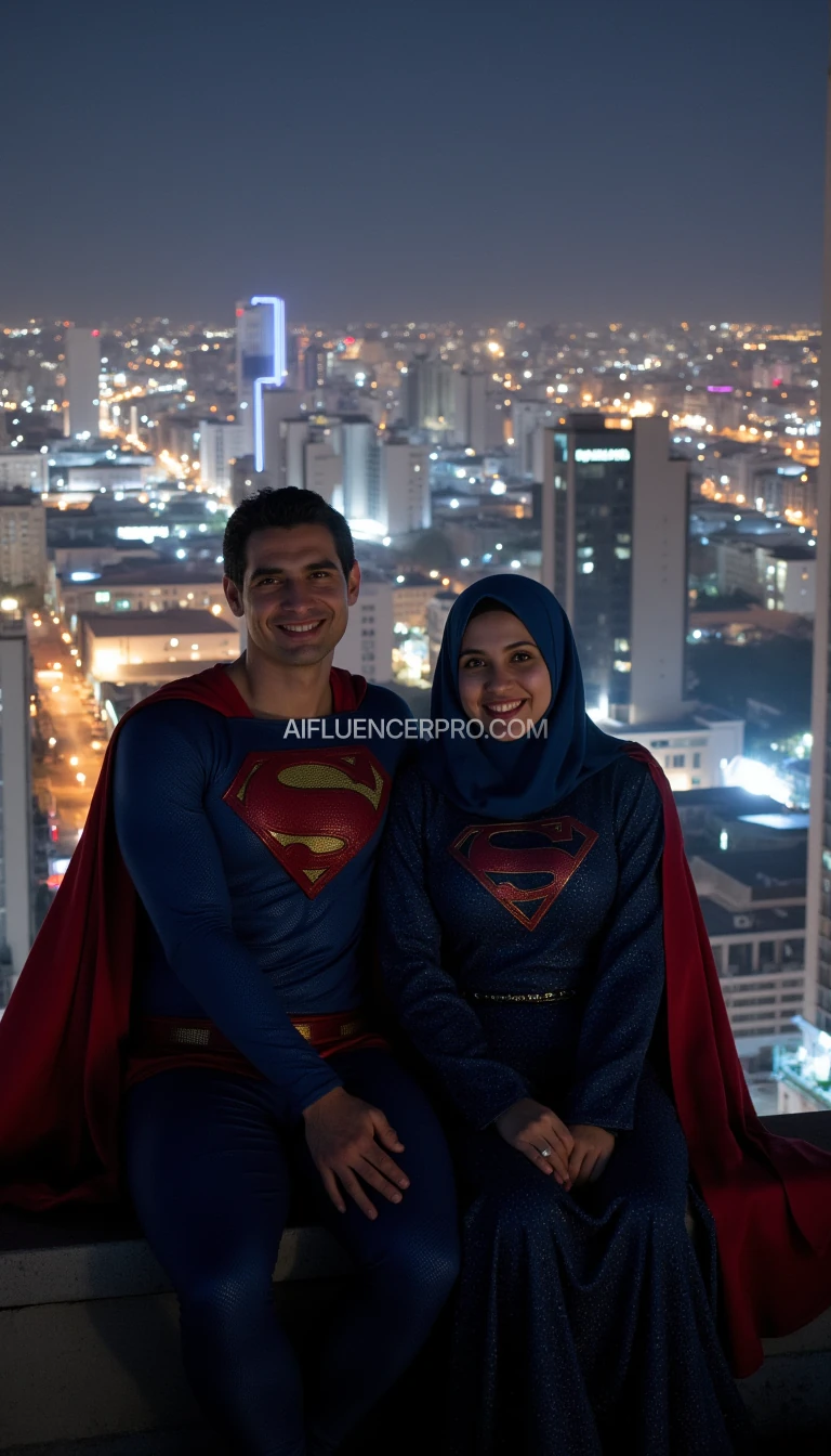 Superman and his girlfriend sit side by side at the edge of a tall building rooftop, overlooking a brightly lit city at night. She wears a hijab and a loose superhero costume, featuring a blue top with a red 'S' logo on the chest, a red cape billowing in the wind, and a matching hijab seamlessly integrated into the costume. The image is taken from the front (front view), close-up showing only the upper body down to the waist (waist-up). Both smile casually, sitting with their hands on their knees, with their bodies slightly leaning forward. Their expressions are cheerful and relaxed, creating a warm atmosphere. The background features a glowing cityscape, cinematic atmosphere, ultra-realistic, highly detailed, with soft lighting and vibrant color contrast
