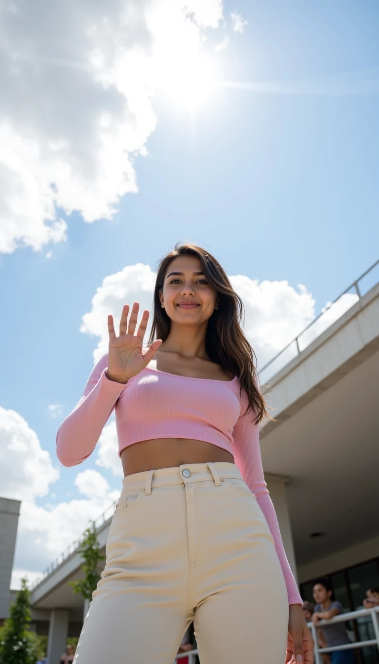 IMG_2478.HEIC, iphone  shot of CSTMDL, a young 19 hears old woman. A vibrant outdoor scene showcasing a young woman in a light pink long-sleeve crop top and cream-colored high-waisted pants, captured from a low angle perspective. The woman's playful demeanor is highlighted as she waves at the camera with a bright, approachable smile. The soft blue sky overhead is adorned with fluffy white clouds, giving the setting a cheerful and airy atmosphere. Sunlight filters through the clouds, casting a natural and soft illumination on her face and attire, enhancing the warmth of the scene. The background features parts of a modern architectural structure, partially obscured, creating a contrast of urban and natural elements. The composition emphasizes the upward angle, making the sky and her joyful expression the focal points. The use of a wide-angle lens lends depth to the image, accentuating her form and the contextual surroundings.