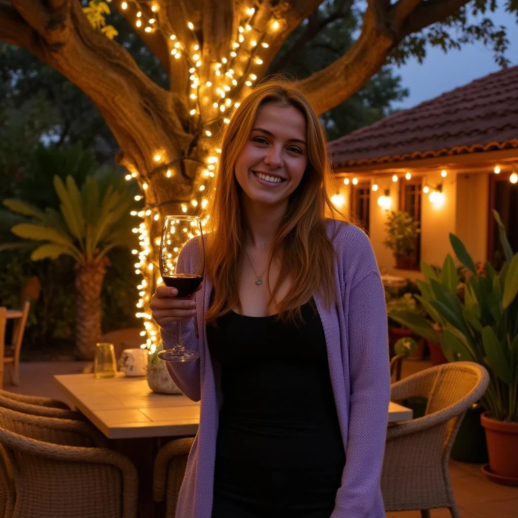 A full body shot photo of a woman standing outdoors at a cozy, warmly lit patio in the evening, with soft, glowing lights wrapped around a tree behind them creating a charming atmosphere. The image is rich in detail, with warm tones and clear textures throughout. The woman has fair skin, a slim build, and long reddish-blonde hair, also worn loose. She is smiling warmly at the camera, holding a glass of red wine in her right hand, and wears a soft-textured lavender cardigan over a black top. The background features a large tree with sparkling string lights wrapped around its trunk and branches, adding a magical touch to the scene. The setting suggests a private outdoor seating area, with elements like terracotta-tiled roofing, greenery, and rattan chairs contributing to a serene, inviting vibe. The overall composition is balanced, with the woman framed against the softly glowing tree, and the lighting enhances the warm, intimate feel of a quiet evening shared among friends. The details are vivid, with textures of clothing, skin, and background elements clearly visible, while the warm lighting creates a relaxed and joyful mood