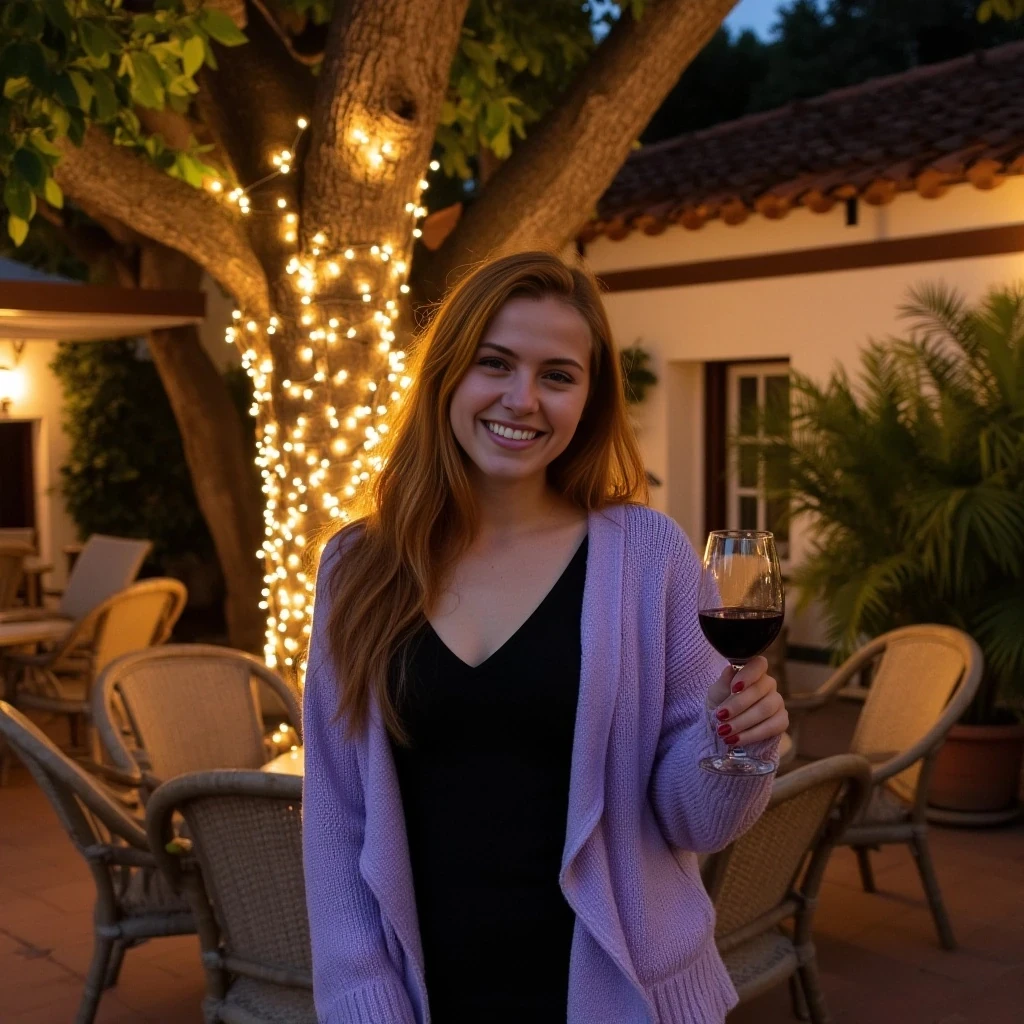 A full body shot photo of a woman standing outdoors at a cozy, warmly lit patio in the evening, with soft, glowing lights wrapped around a tree behind them creating a charming atmosphere. The image is rich in detail, with warm tones and clear textures throughout. The woman has fair skin, a slim build, and long reddish-blonde hair, also worn loose. She is smiling warmly at the camera, holding a glass of red wine in her right hand, and wears a soft-textured lavender cardigan over a black top. The background features a large tree with sparkling string lights wrapped around its trunk and branches, adding a magical touch to the scene. The setting suggests a private outdoor seating area, with elements like terracotta-tiled roofing, greenery, and rattan chairs contributing to a serene, inviting vibe. The overall composition is balanced, with the woman framed against the softly glowing tree, and the lighting enhances the warm, intimate feel of a quiet evening shared among friends. The details are vivid, with textures of clothing, skin, and background elements clearly visible, while the warm lighting creates a relaxed and joyful mood