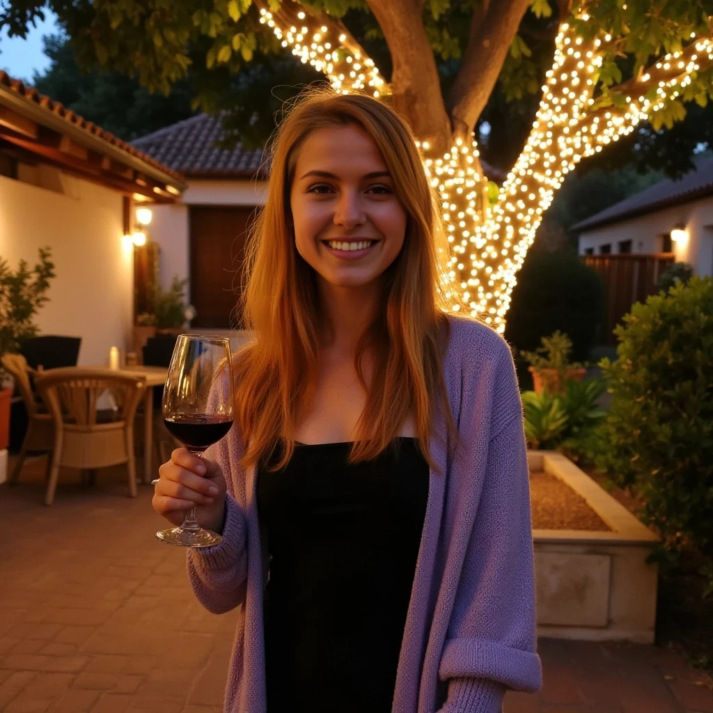 A full body shot photo of a woman standing outdoors at a cozy, warmly lit patio in the evening, with soft, glowing lights wrapped around a tree behind them creating a charming atmosphere. The image is rich in detail, with warm tones and clear textures throughout. The woman has fair skin, a slim build, and long reddish-blonde hair, also worn loose. She is smiling warmly at the camera, holding a glass of red wine in her right hand, and wears a soft-textured lavender cardigan over a black top. The background features a large tree with sparkling string lights wrapped around its trunk and branches, adding a magical touch to the scene. The setting suggests a private outdoor seating area, with elements like terracotta-tiled roofing, greenery, and rattan chairs contributing to a serene, inviting vibe. The overall composition is balanced, with the woman framed against the softly glowing tree, and the lighting enhances the warm, intimate feel of a quiet evening shared among friends. The details are vivid, with textures of clothing, skin, and background elements clearly visible, while the warm lighting creates a relaxed and joyful mood