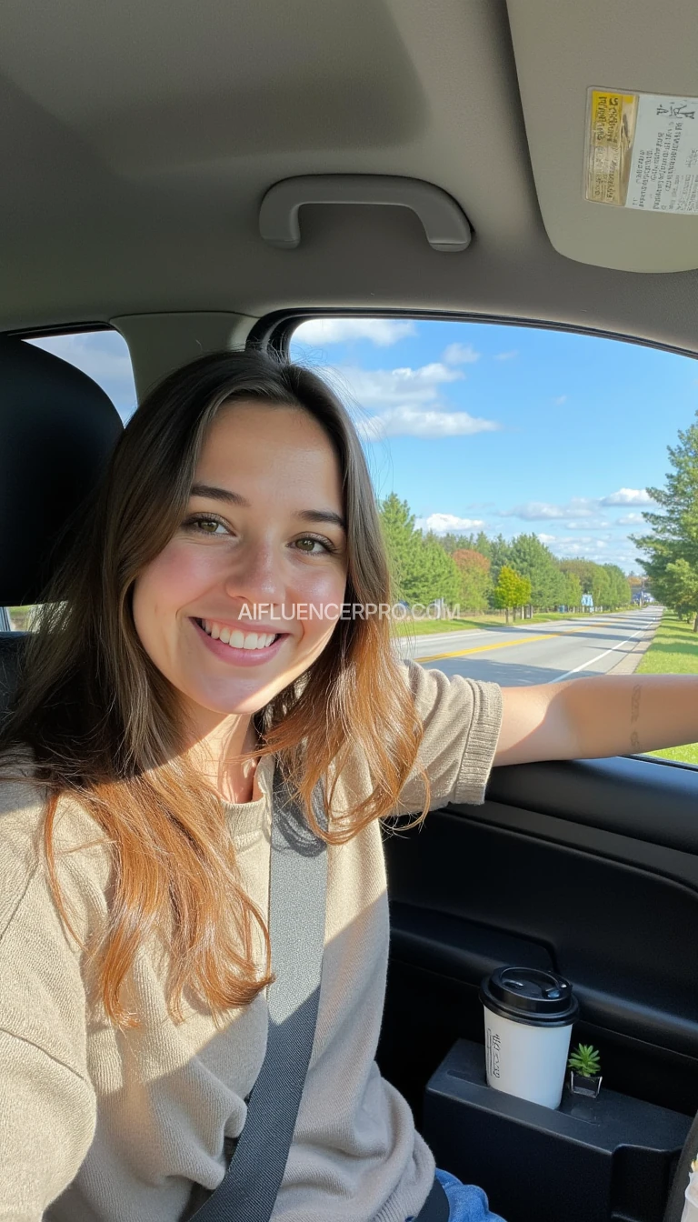 boring low quality snapchat photo circa 2015, A young woman with a warm smile, sitting in the driver's seat of a cozy car. She has soft, wavy brown hair cascading past her shoulders. The sunlight streams through the window, casting a gentle glow on her face. The interior of the car is neat and comfortable, with a coffee cup in the cup holder and a small plant on the dashboard. The background outside the window shows a scenic road lined with trees and blue skies