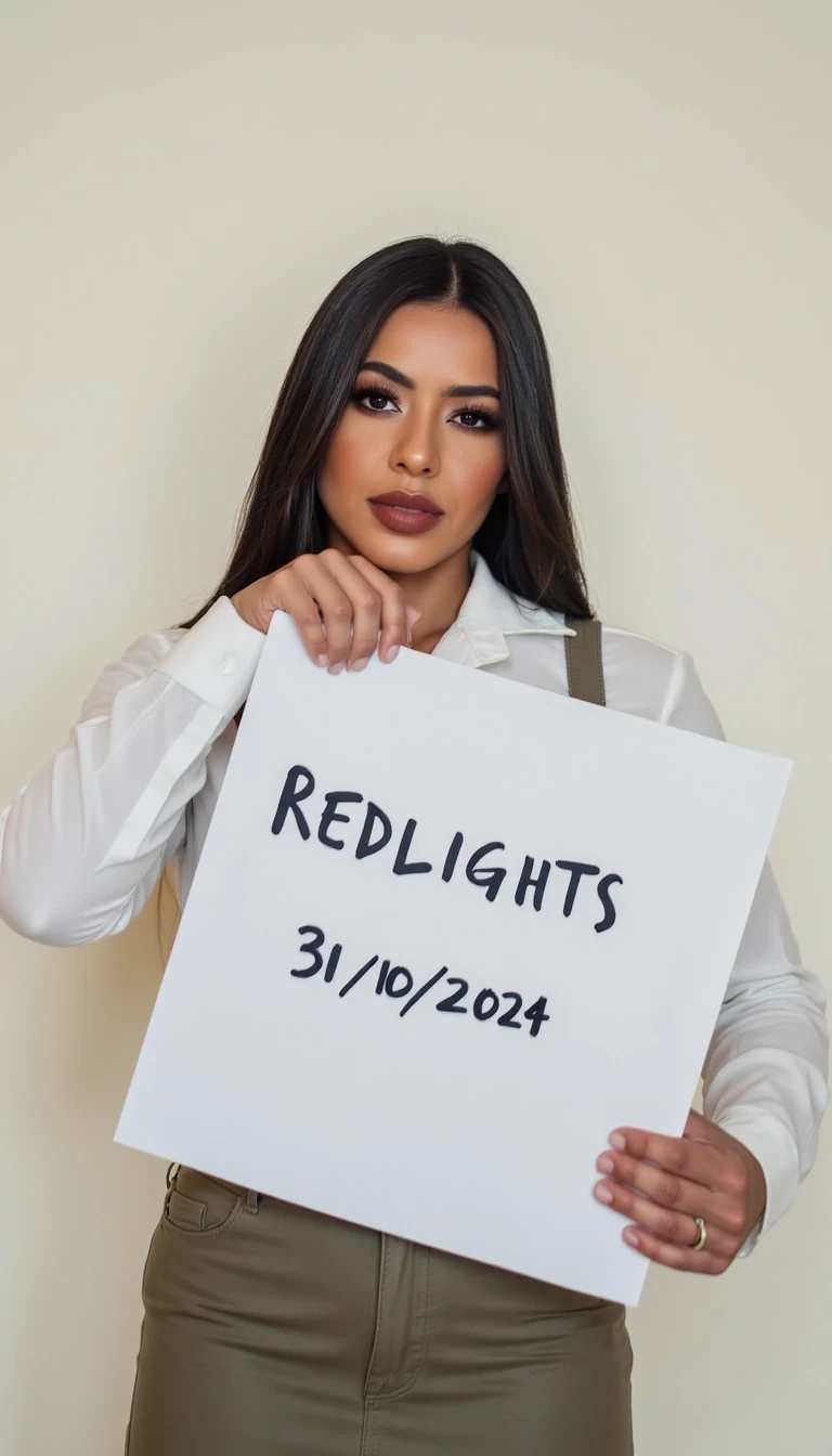 photo of woman CSTMDL,   woman holds a sign with handwritten text. She is wearing long sleeves and has neutral makeup. The sign reads "REDLIGHTS" followed by "31/10/2024" in a simple script. The background is a plain, light-colored wall, providing a minimalist and uncluttered setting.