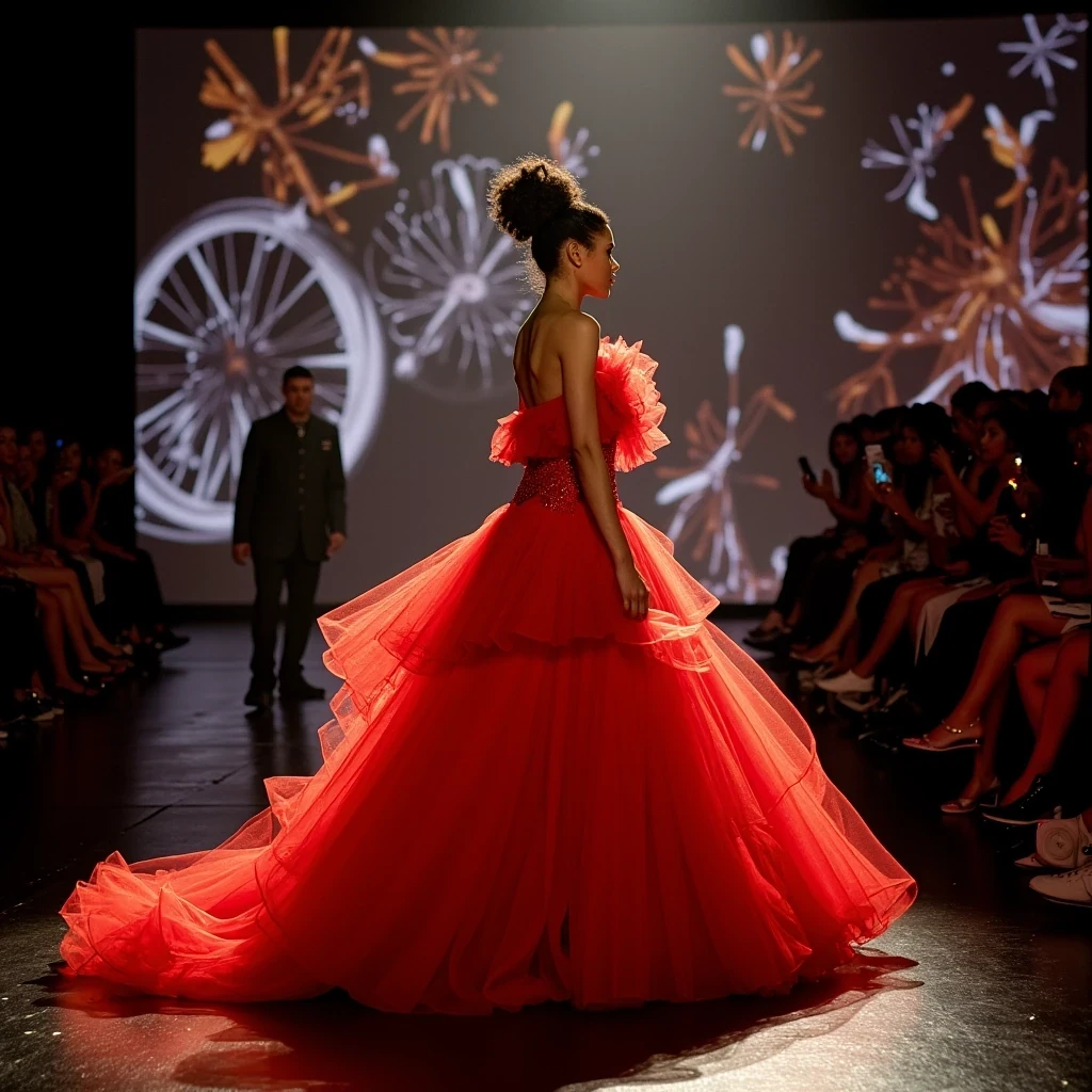 Finale Moment
Shot on Canon R3, 24-70mm f/2.8, ISO 1600, 1/800 sec. Wide shot capturing model leading finale walk. Valentino red tulle explosion, dramatic train. Light olive brown skin luminous under mixed lighting: LED strips + follow spot. Complex lighting pattern shows skin's natural highlights. Backdrop: massive LED wall displaying abstract art. Other models visible in background creating depth. Fashion editor phone lights create organic bokeh. CSTMDL