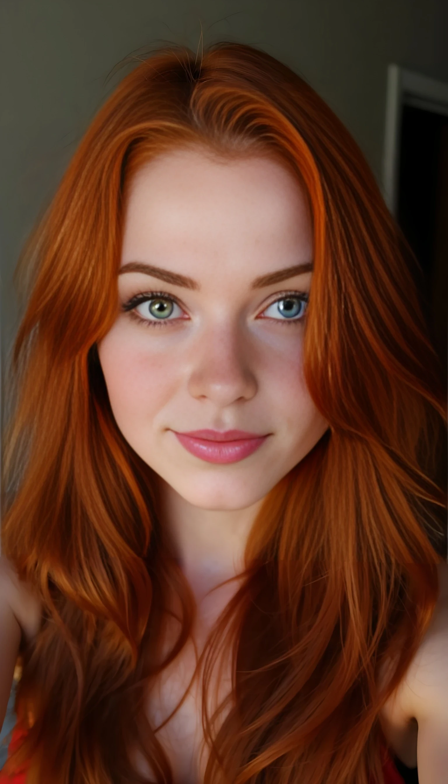 boring low quality snapchat photo circa 2015, A breathtaking 26-year-old woman with long wavy deep red hair, porcelain skin with subtle freckles, striking emerald green eyes, full lips, delicate nose, soft cheekbones, symmetrical face, seductive confident expression, natural beauty, photorealistic lighting, taking a selfie with her phone, soft background blur, casual lighting, close-up framing, slightly tilted angle, realistic indoor setting