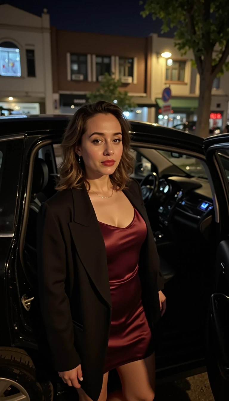 Street-style candid of a woman stepping out of a black car at night, wearing a satin slip dress and oversized blazer, city lights blurred behind her, subtle red lip, moody cinematic vibe 