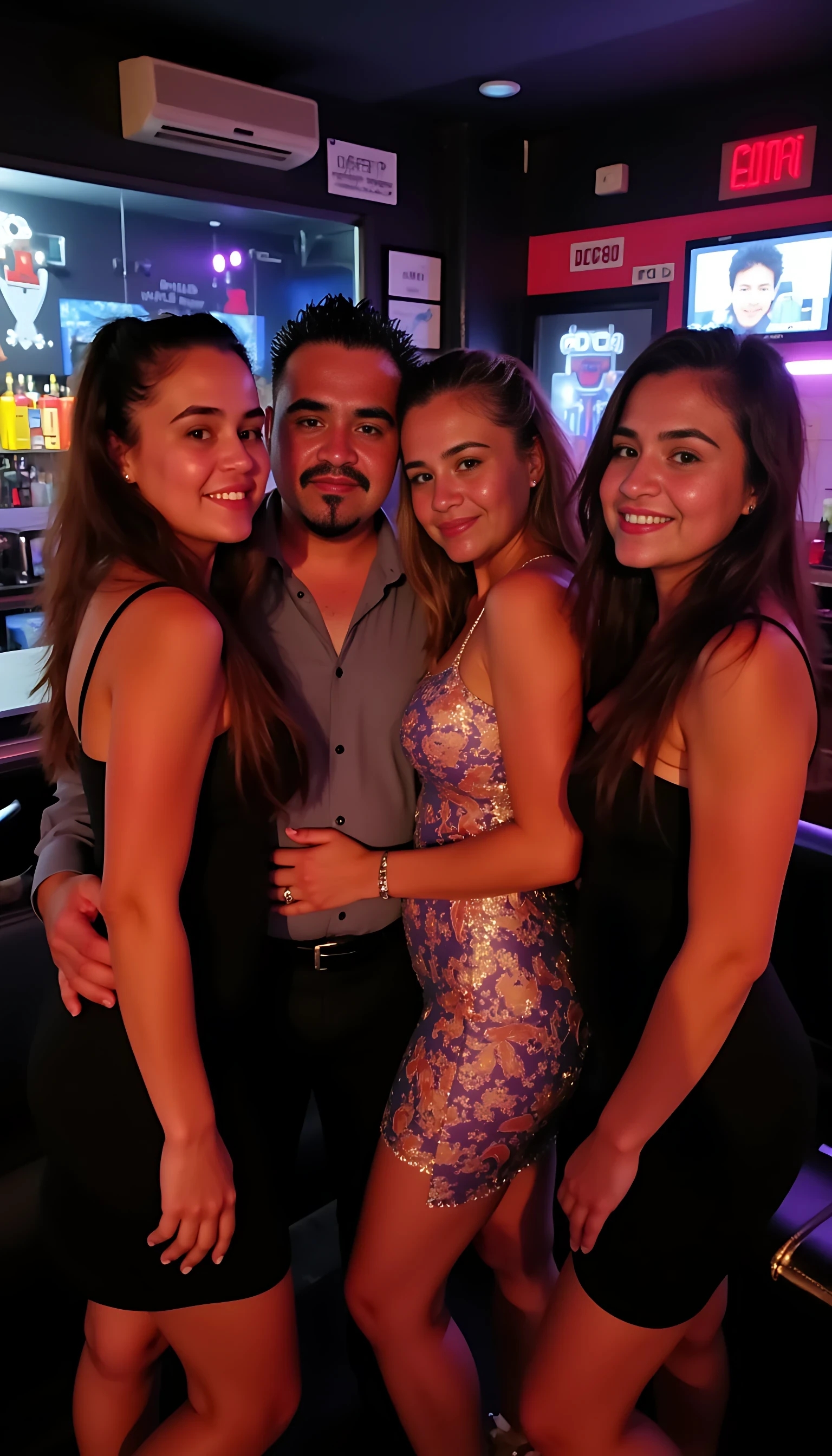full man body wearing a  nice gray dress shirt   Hugging a 4 beautiful  Colombian girls  in sexy dresses in a nightclub background 
