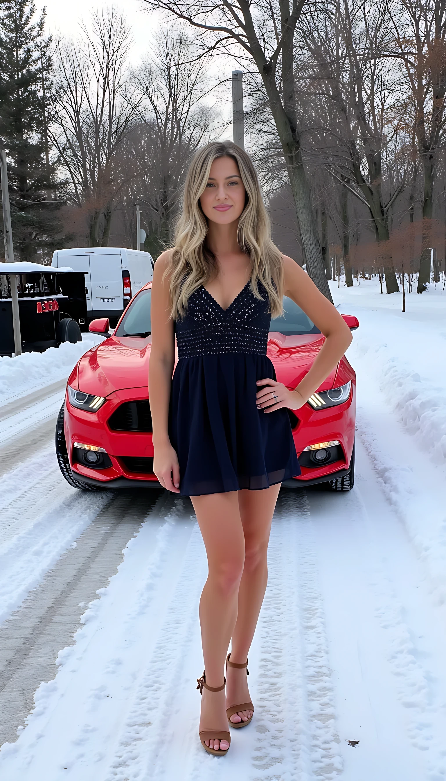boring low quality snapchat photo circa 2015, cute woman, highlighted hairs, she is wearing short party dress, standing on snow covered road, a red mustang charger behind her, maple trees , her legs are fully shown and also shoulder, her thighs are shown, beautiful girl,