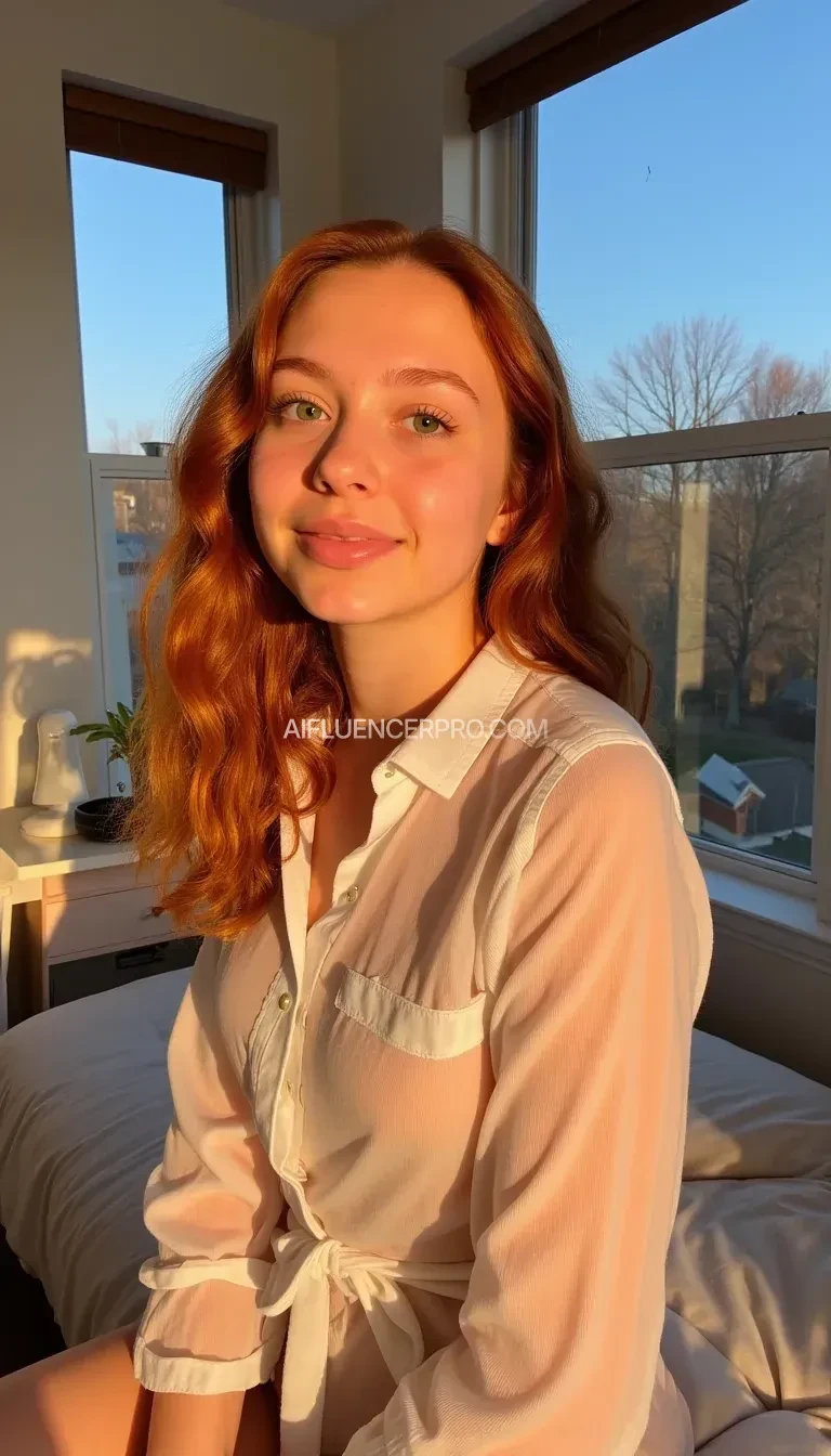 boring low quality snapchat photo circa 2000, A young teen with ginger hair, sitting on the edge of a cozy bed. She has soft, curly long ginger hair, green eyes and freckles. She resembles christina ricci with a heart shaped face. The sunlight streams through the window, casting a gentle glow on her face and her thin white see through shirt revealing her soft skin beneath. The interior of the room is neat and comfortable, with a lava lamp next to the bed and a small plant on a desk. The background outside the window shows a neighbourhood lined with trees and blue skies